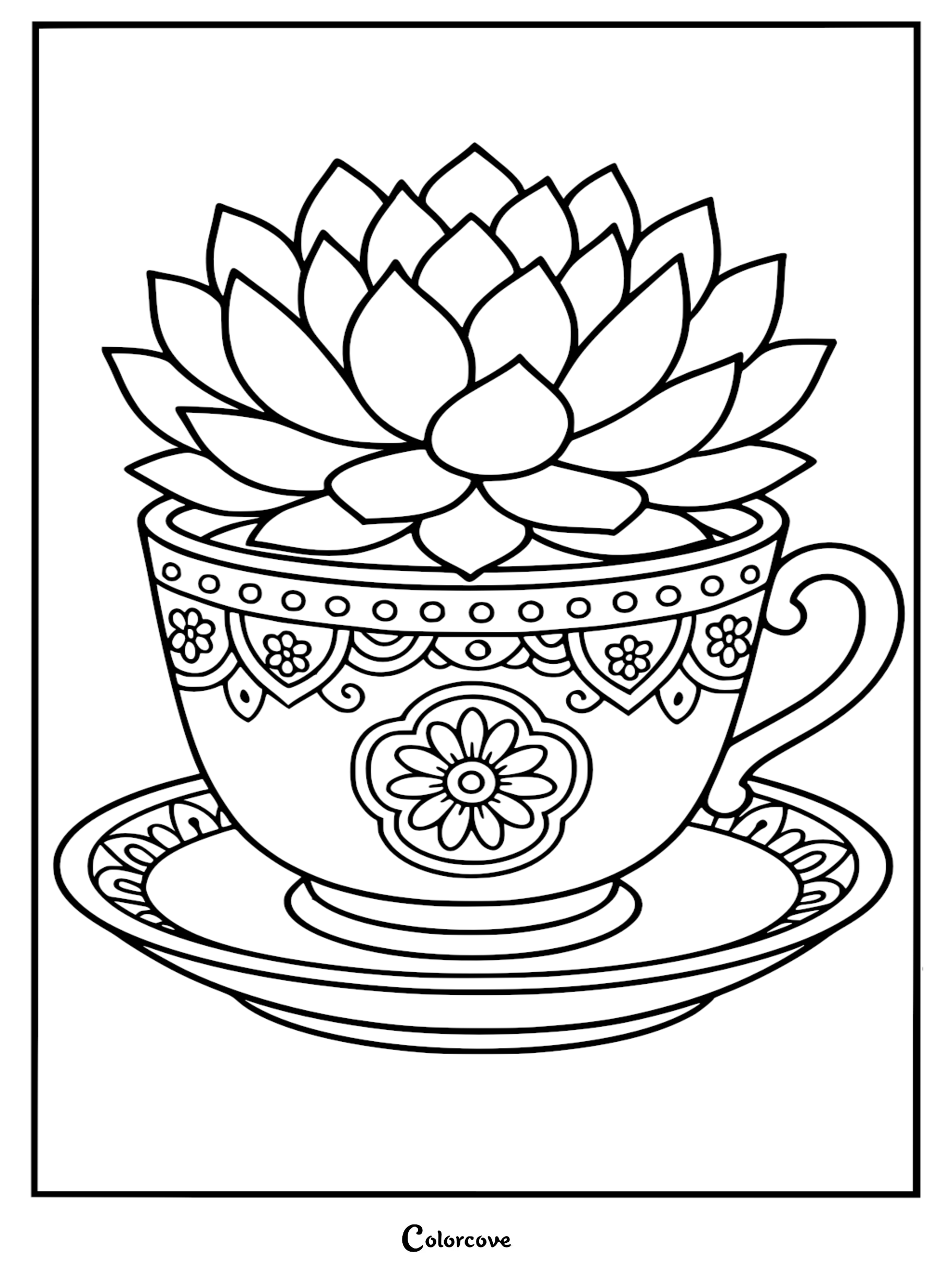A printable coloring page featuring a layered succulent plant nestled inside an intricately decorated teacup and saucer with floral motifs.