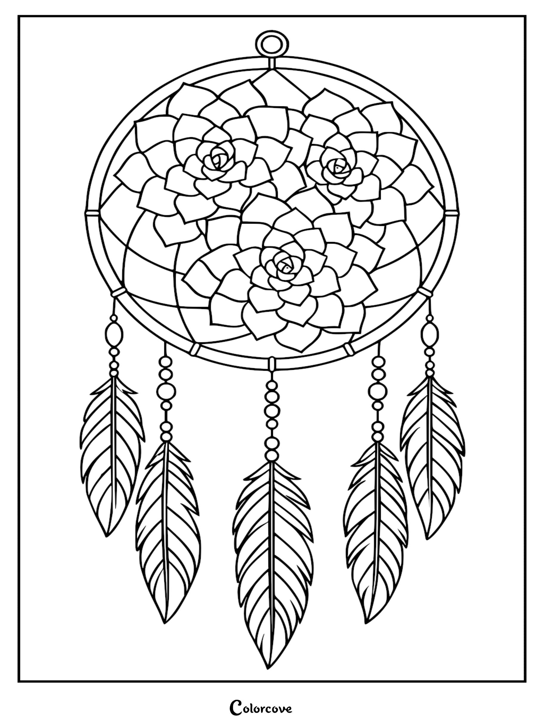 A printable coloring page featuring a dreamcatcher decorated with three detailed succulent cacti and five dangling feathers.