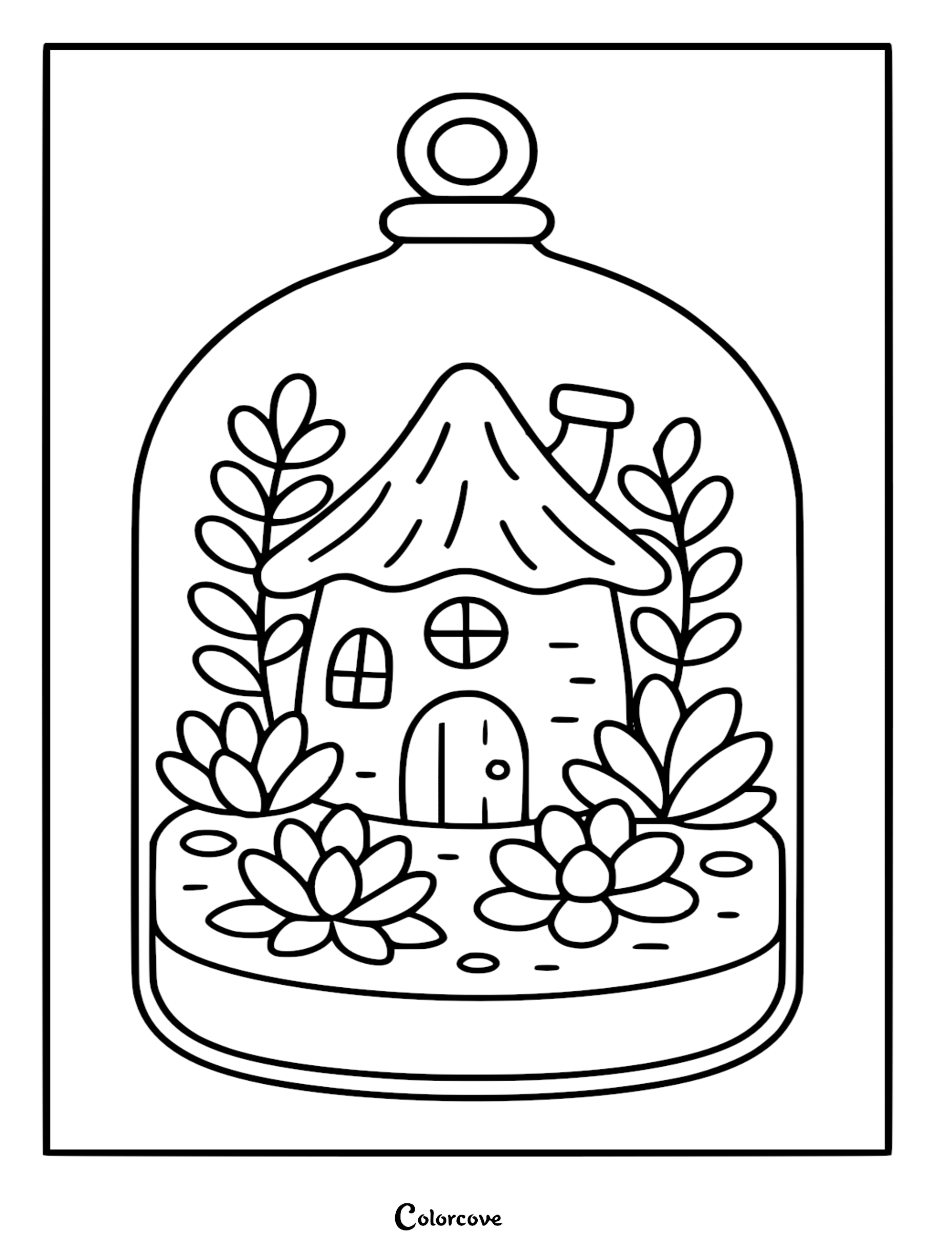 A printable coloring page featuring a whimsical cottage inside a hanging glass terrarium, surrounded by various succulent and cactus plants.