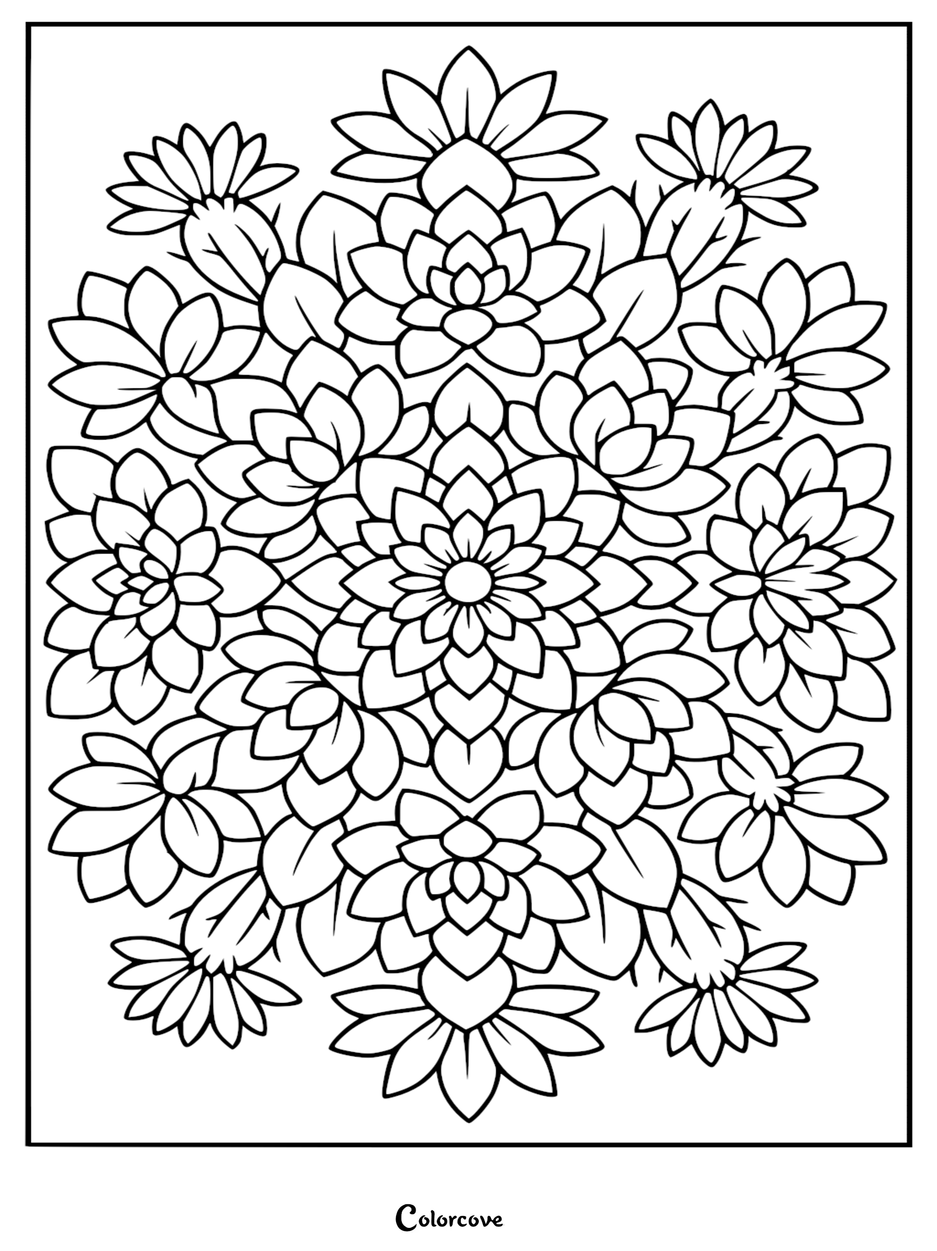 A symmetrical cactus-themed mandala coloring page featuring layered succulent leaves and blooming flowers in a circular radial design.