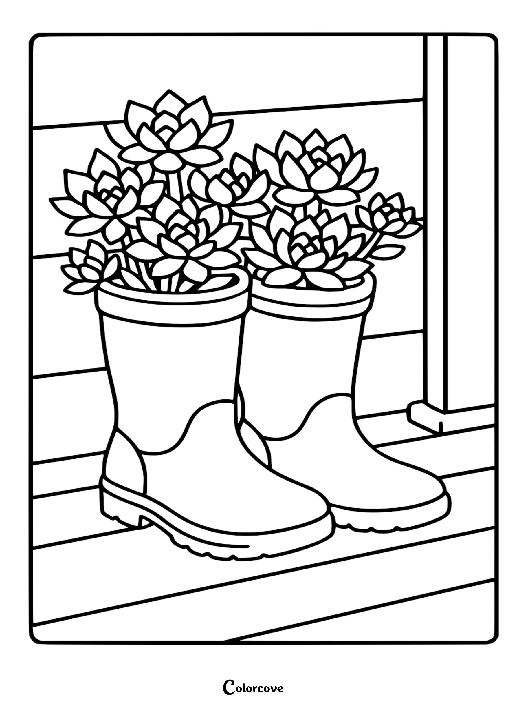 A whimsical coloring page featuring two rubber rain boots filled with blooming rosette succulents, set on a wooden porch.