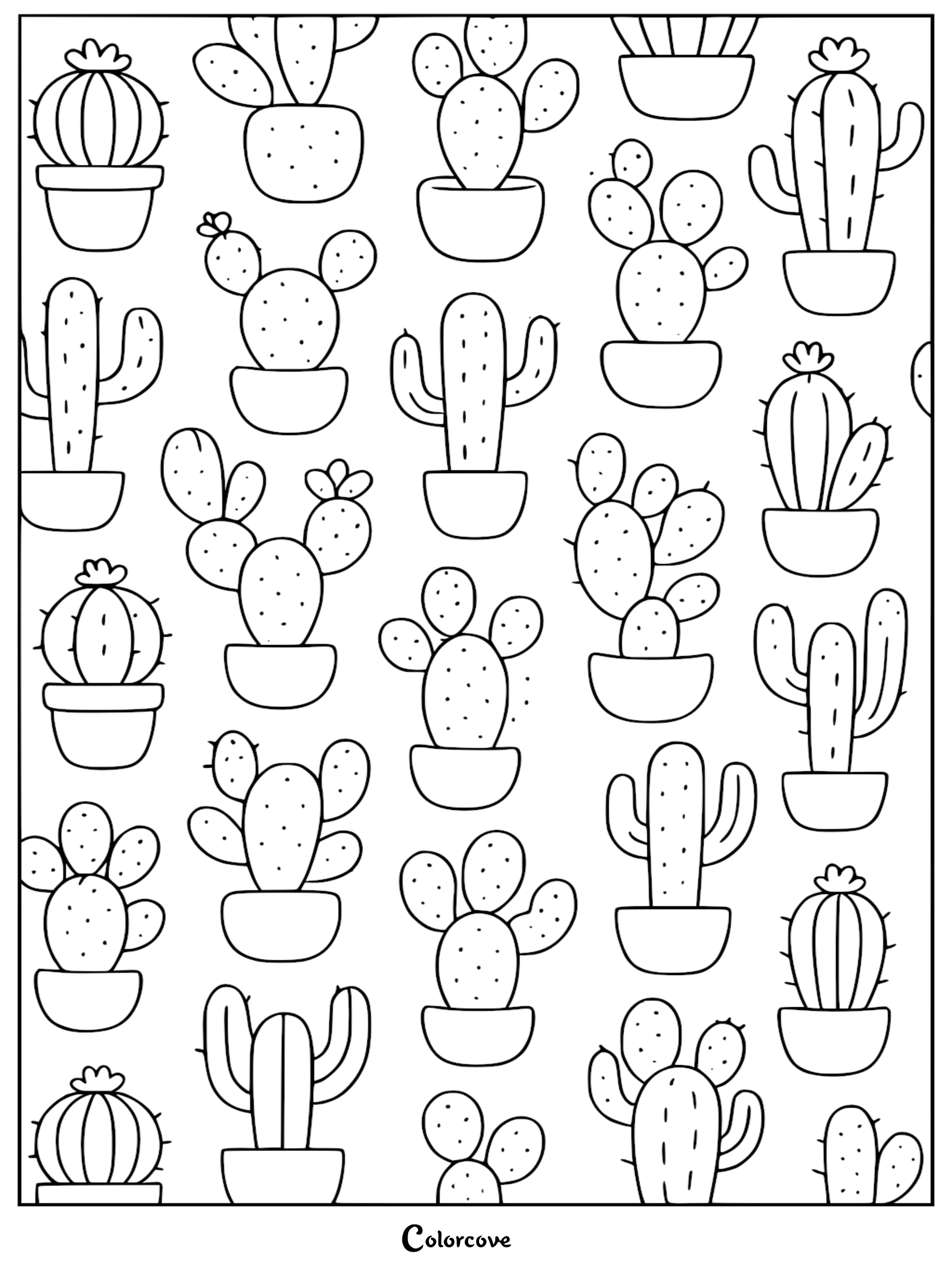 A printable cactus coloring page featuring a repeating pattern of various succulent cacti in simple pots.