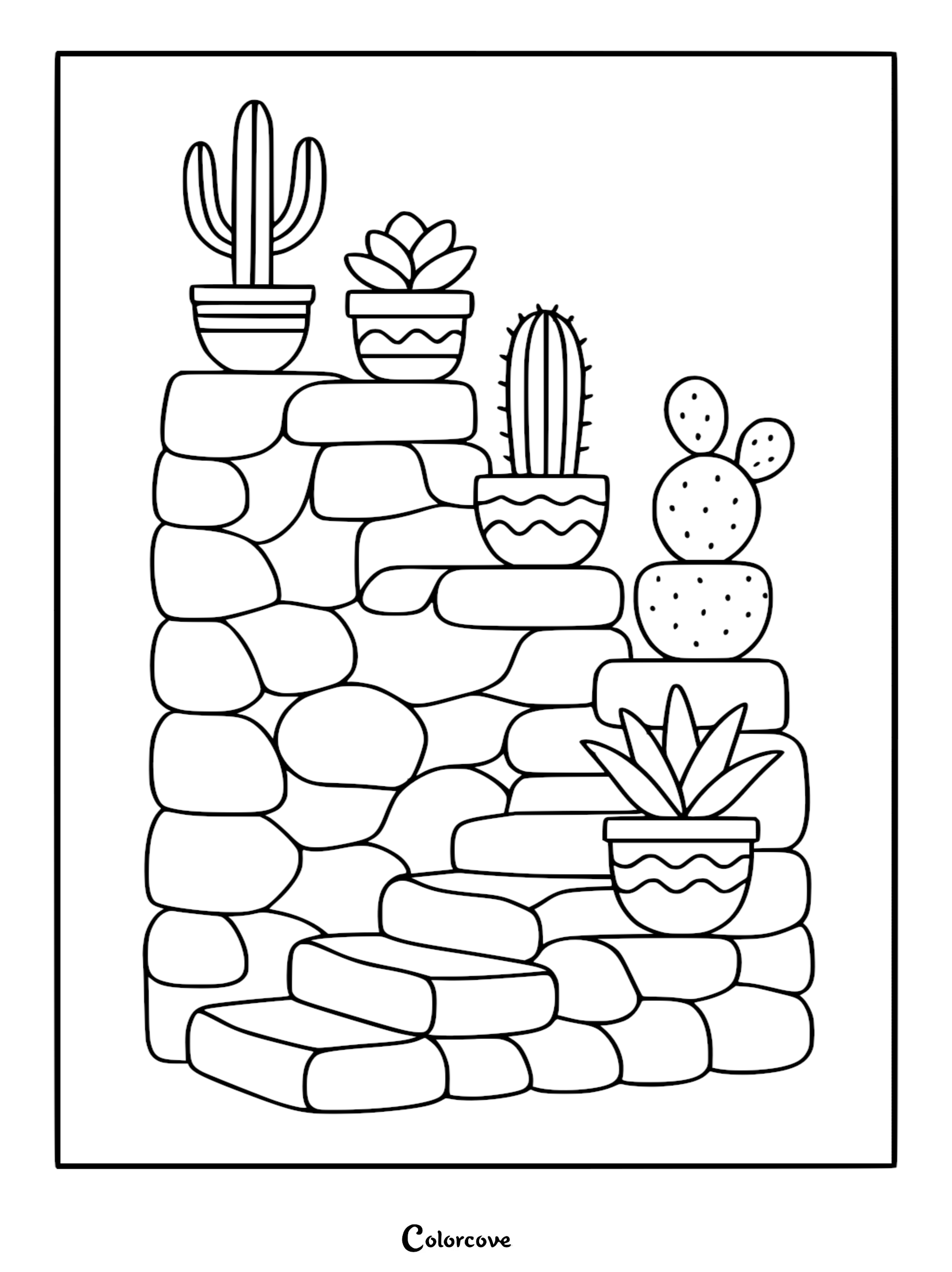Potted cacti and succulents displayed on a rustic stone staircase coloring page