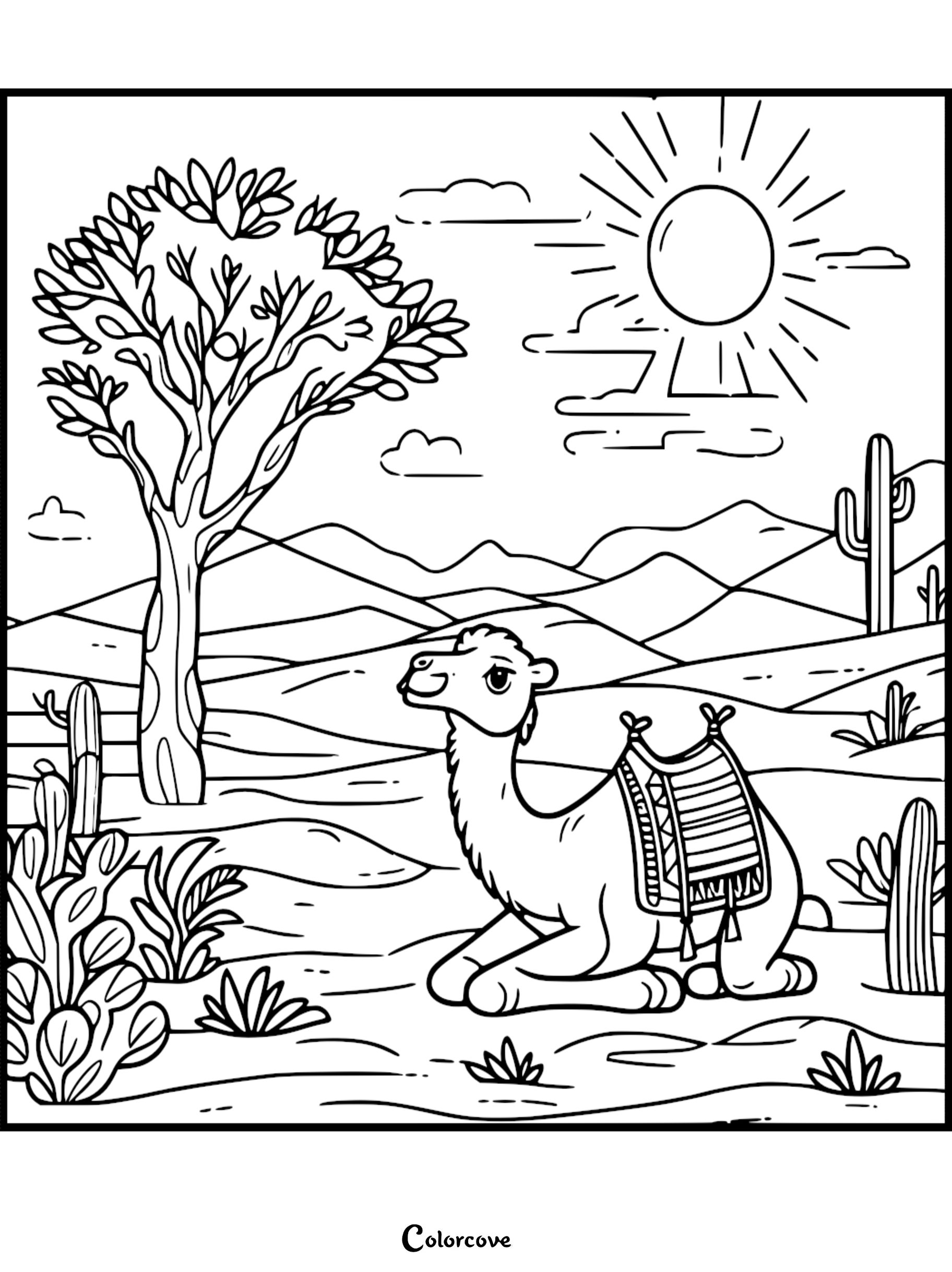 A friendly camel resting in a sunny desert landscape with mountains and cacti printable coloring page for kids.