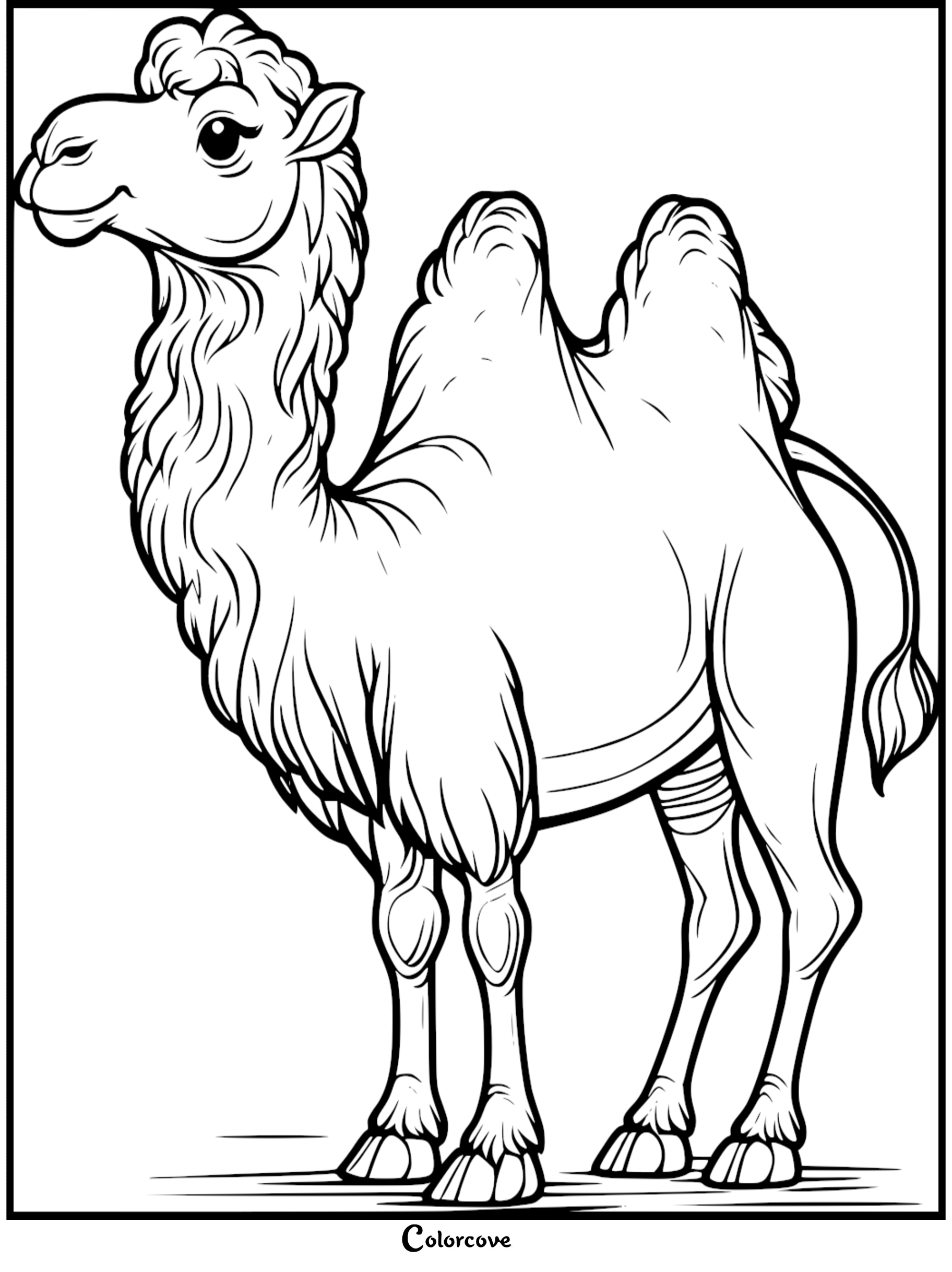 A friendly two-humped Bactrian camel illustration, a free printable coloring page for kids featuring a desert animal.