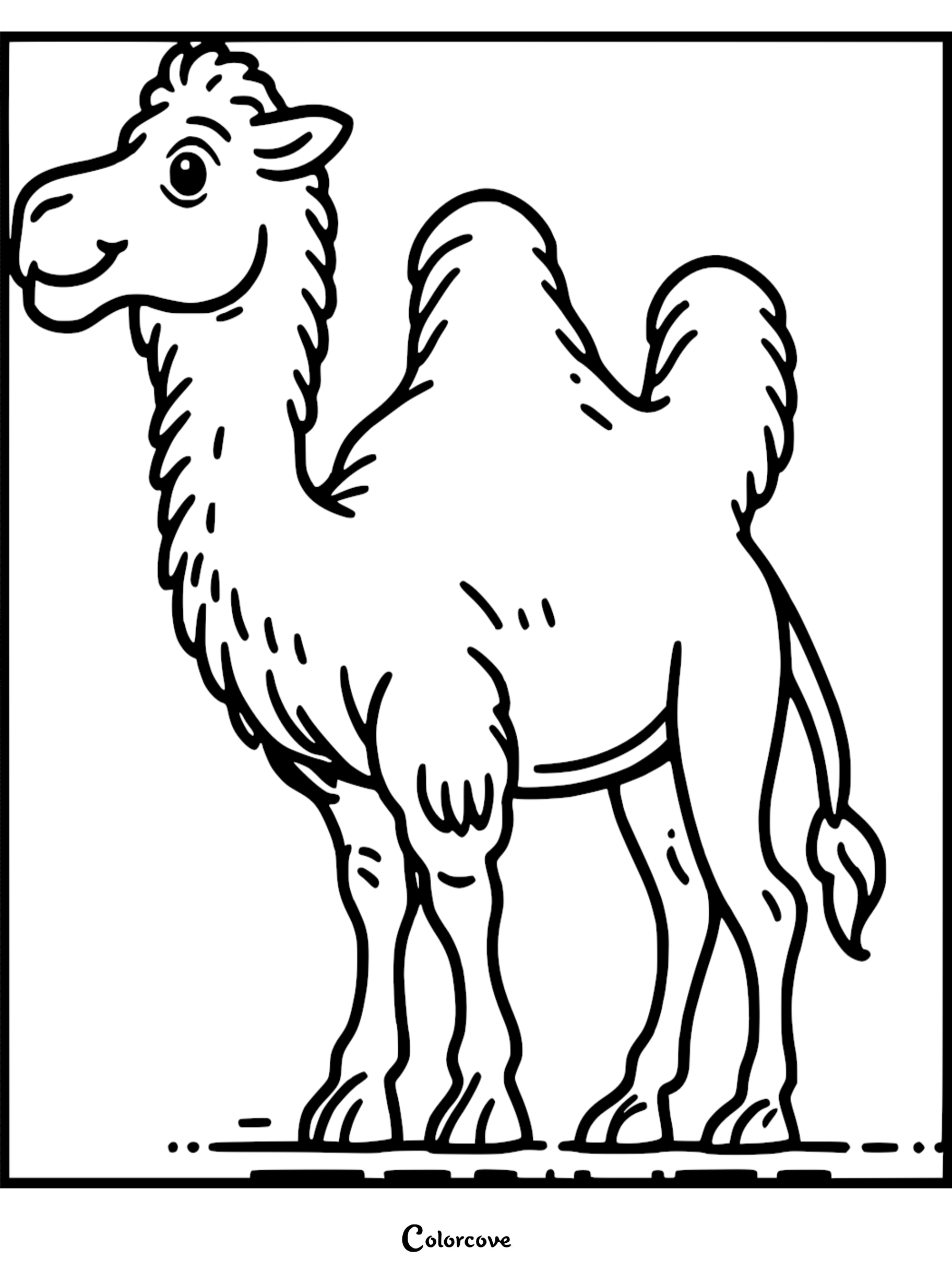 A cute two-humped camel coloring page for kids, featuring a friendly cartoon desert animal in black and white line art.