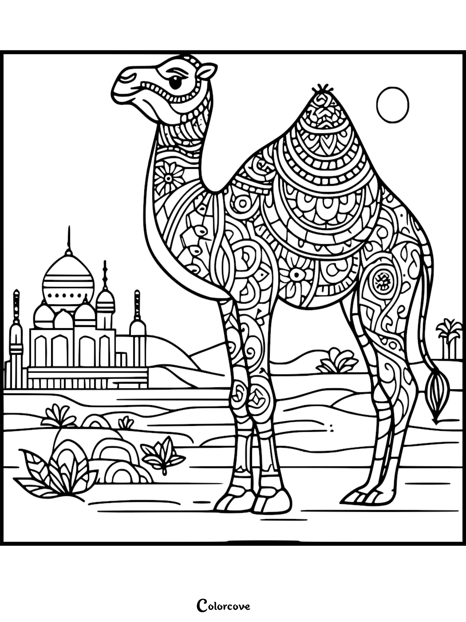 A detailed mandala patterned camel coloring page for adults and kids featuring a desert landscape with a mosque and sun.