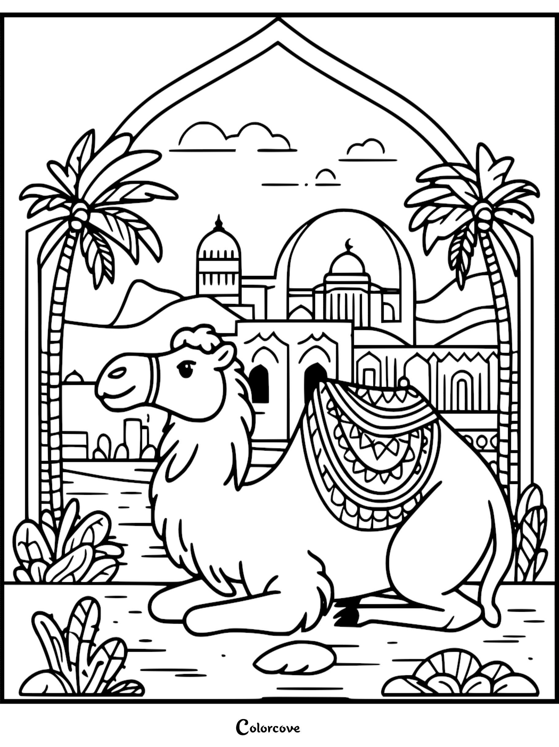 A detailed coloring page of a camel with a decorative saddle sitting in front of an Islamic city landscape with domes and palm trees.