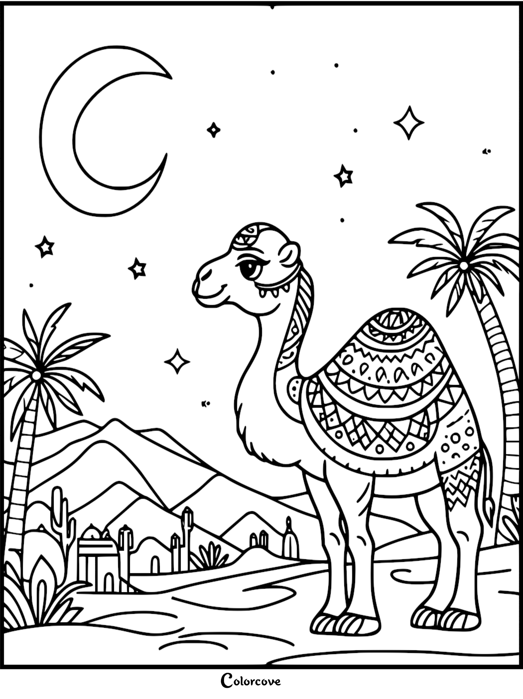 A printable desert camel coloring page featuring a decorated camel, palm trees, and a crescent moon in a starry night sky.