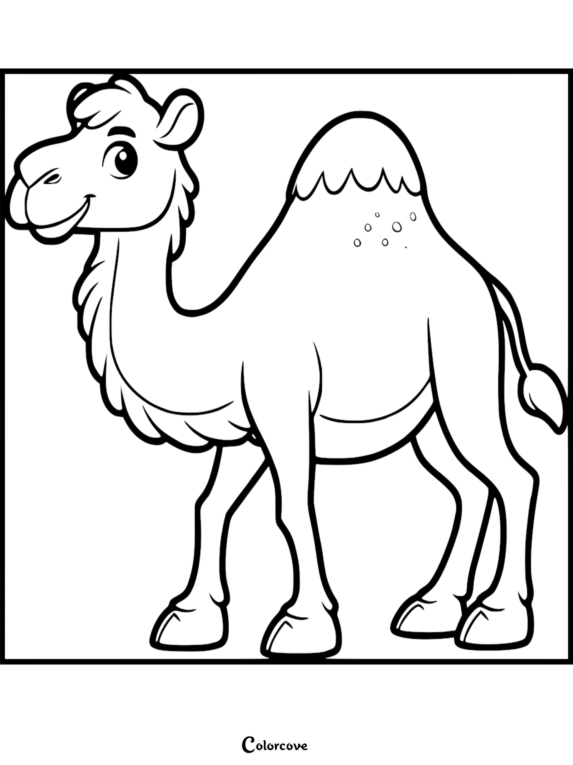 A cute cartoon dromedary camel coloring page for kids featuring a friendly one-humped camel.