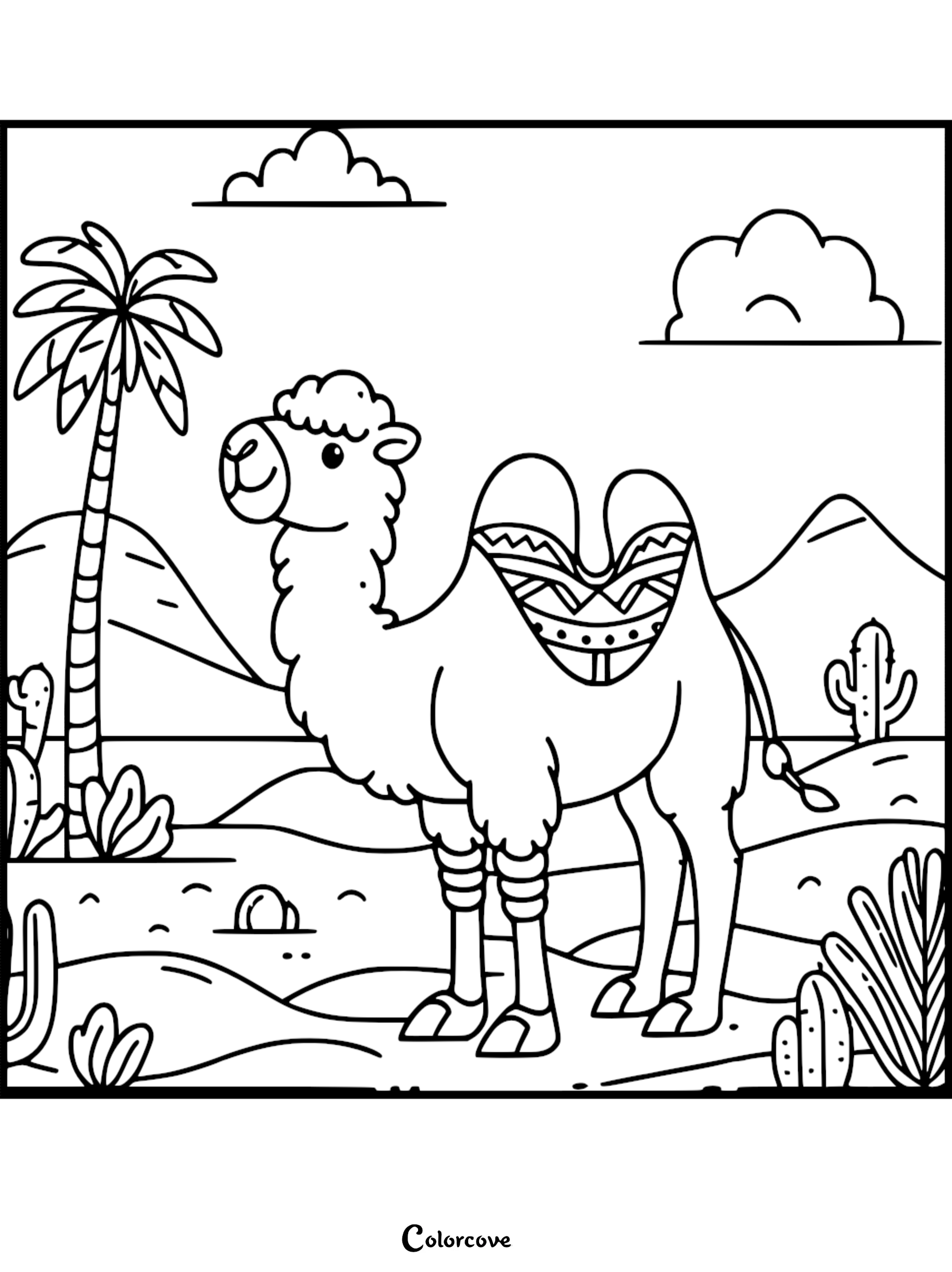 A cute cartoon Bactrian camel standing in a desert landscape with palm trees and cacti coloring page for kids