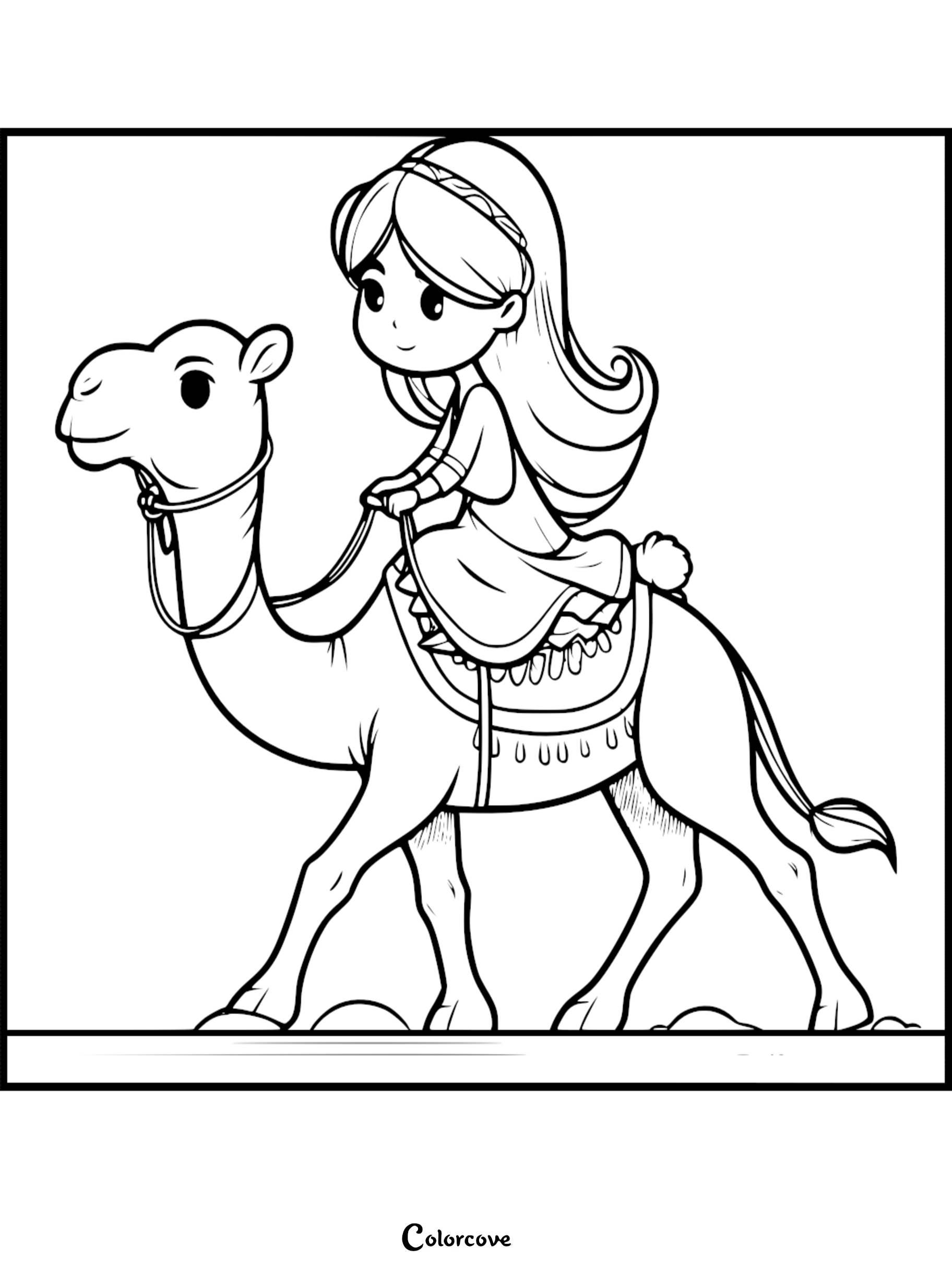 A cute cartoon girl with long hair riding a camel across the desert coloring page for kids