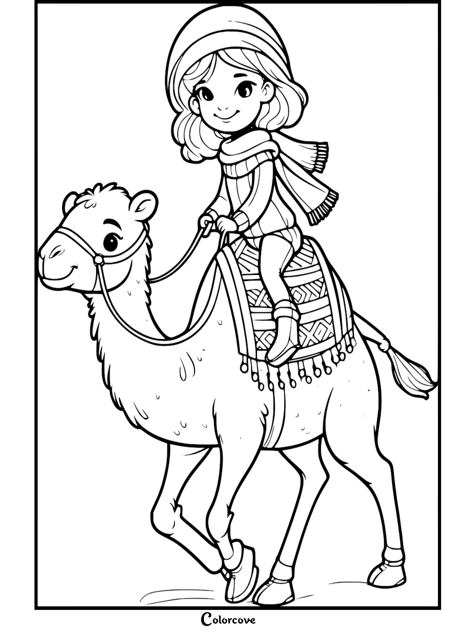 A cute printable coloring page of a young girl wearing a hat and scarf riding a friendly camel through the desert, perfect for kids.