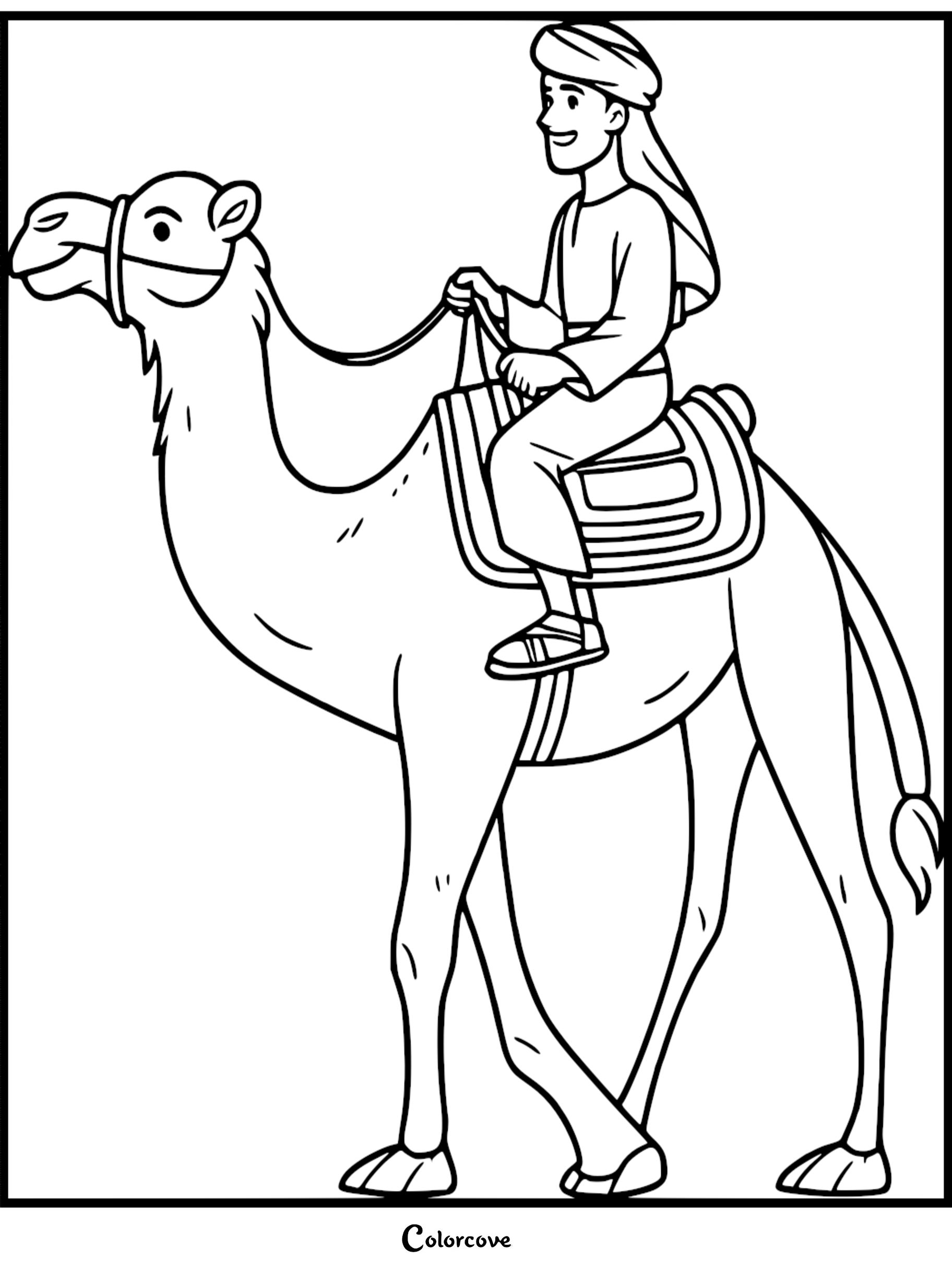 A simple black and white outline coloring page of a man riding a dromedary camel across the desert for kids and students.