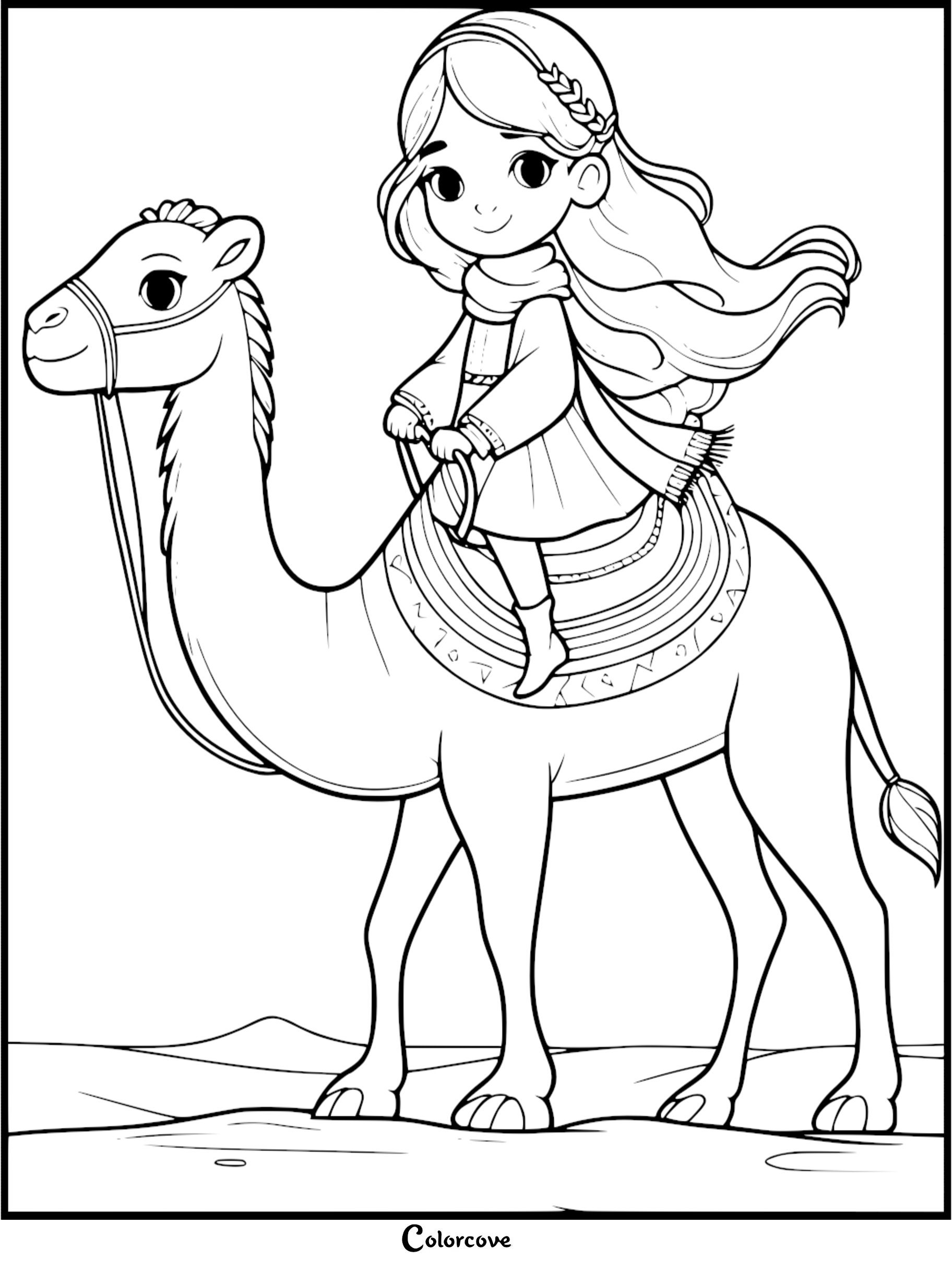 A cute line art drawing of a young girl with long hair riding a friendly camel through the desert, perfect for kids' coloring activities.