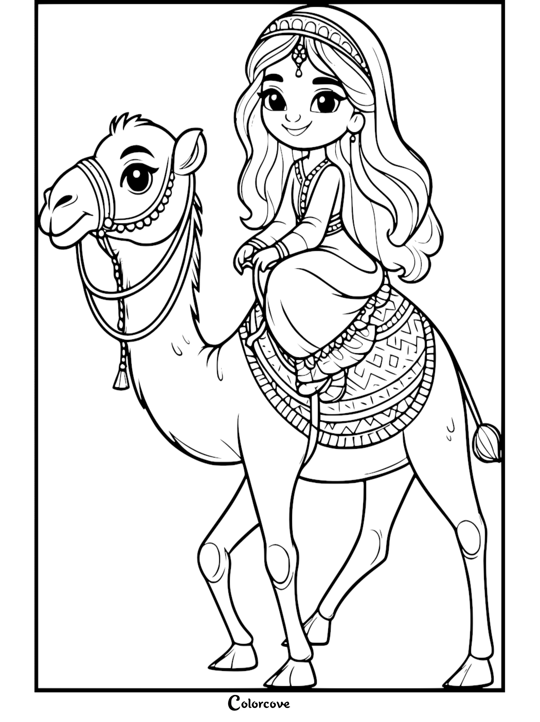 A cute desert princess riding a friendly camel line art coloring page for kids with traditional middle eastern attire and intricate patterns.