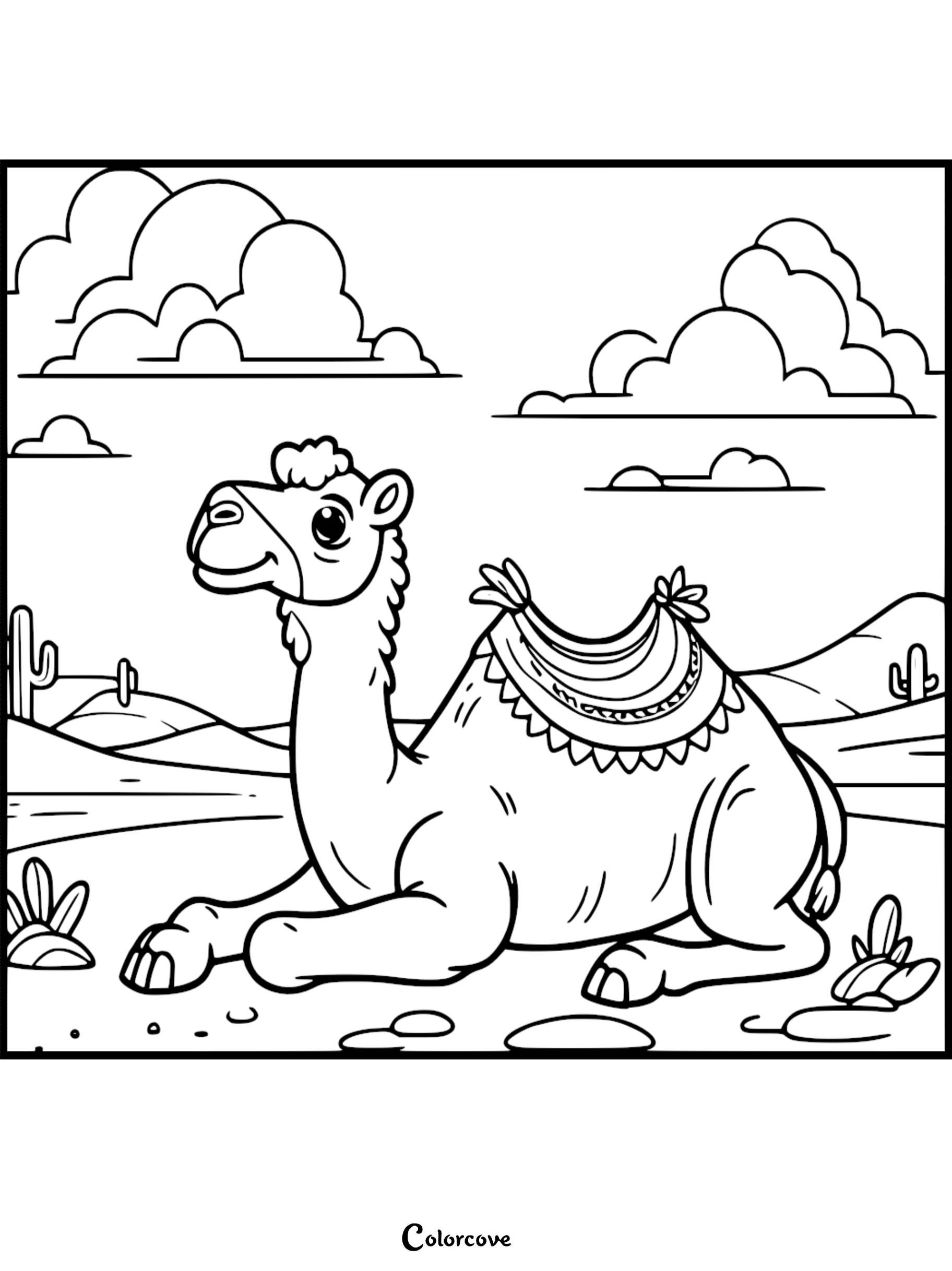 A cute cartoon camel sitting in a sandy desert landscape with fluffy clouds and cacti, perfect for a kids' printable animal coloring page.