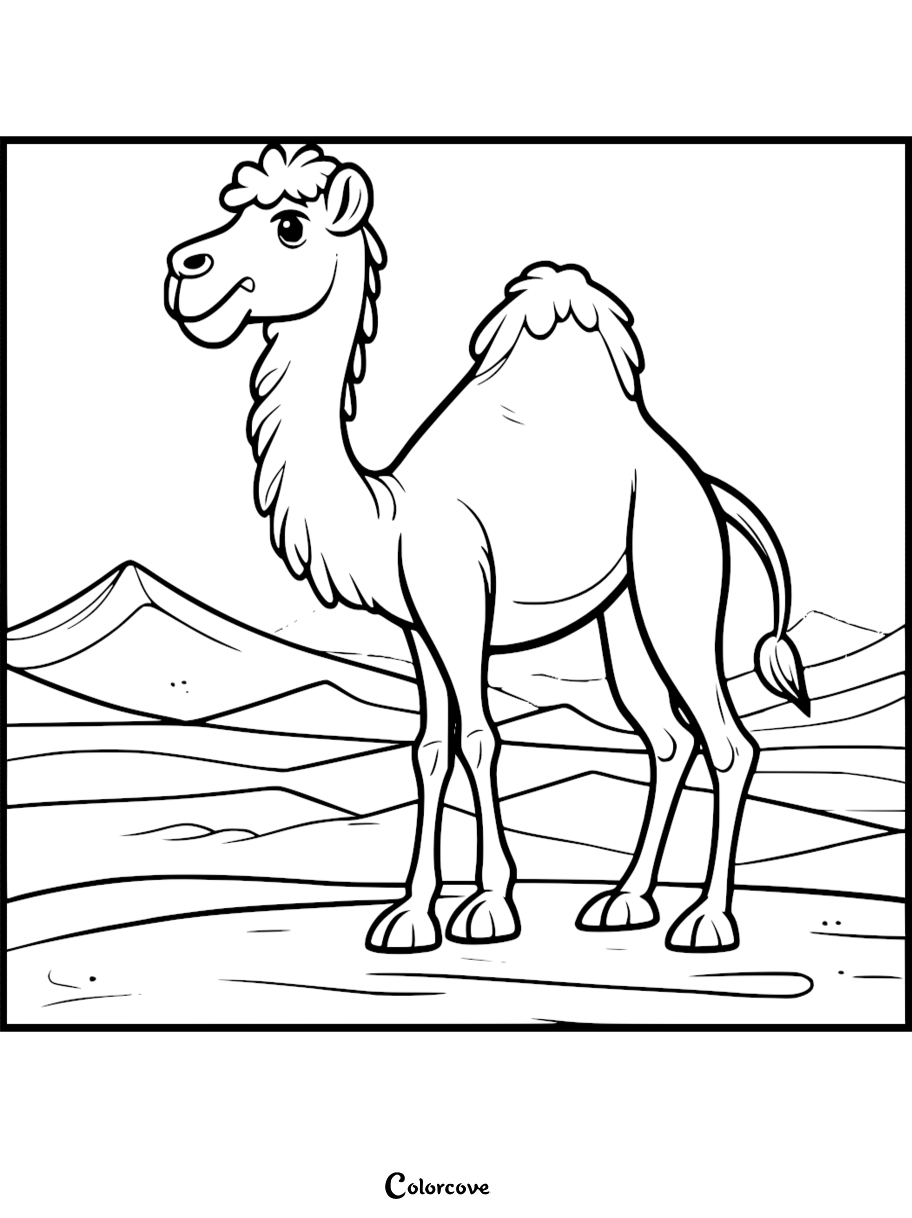 A cute one-humped camel coloring page for kids showing a friendly camel standing in front of desert sand dunes.