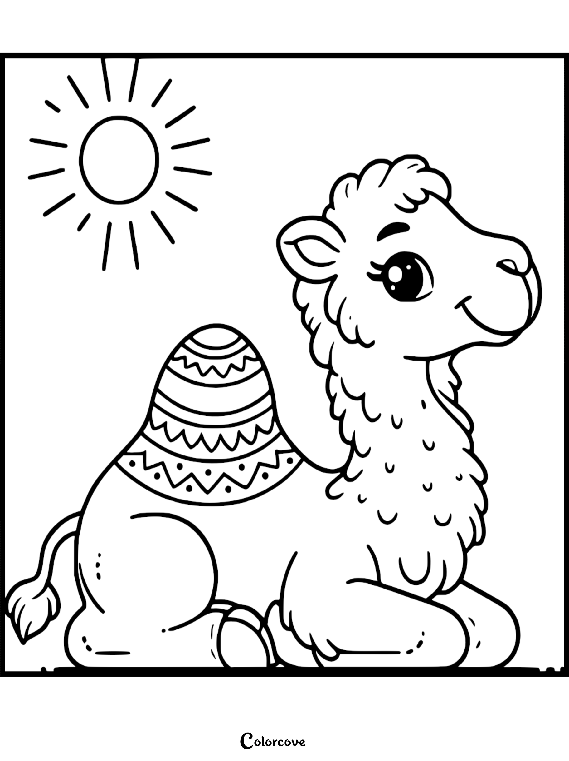 A cute cartoon baby camel sitting under a bright sun coloring page with decorative patterns on its hump, perfect for kids.