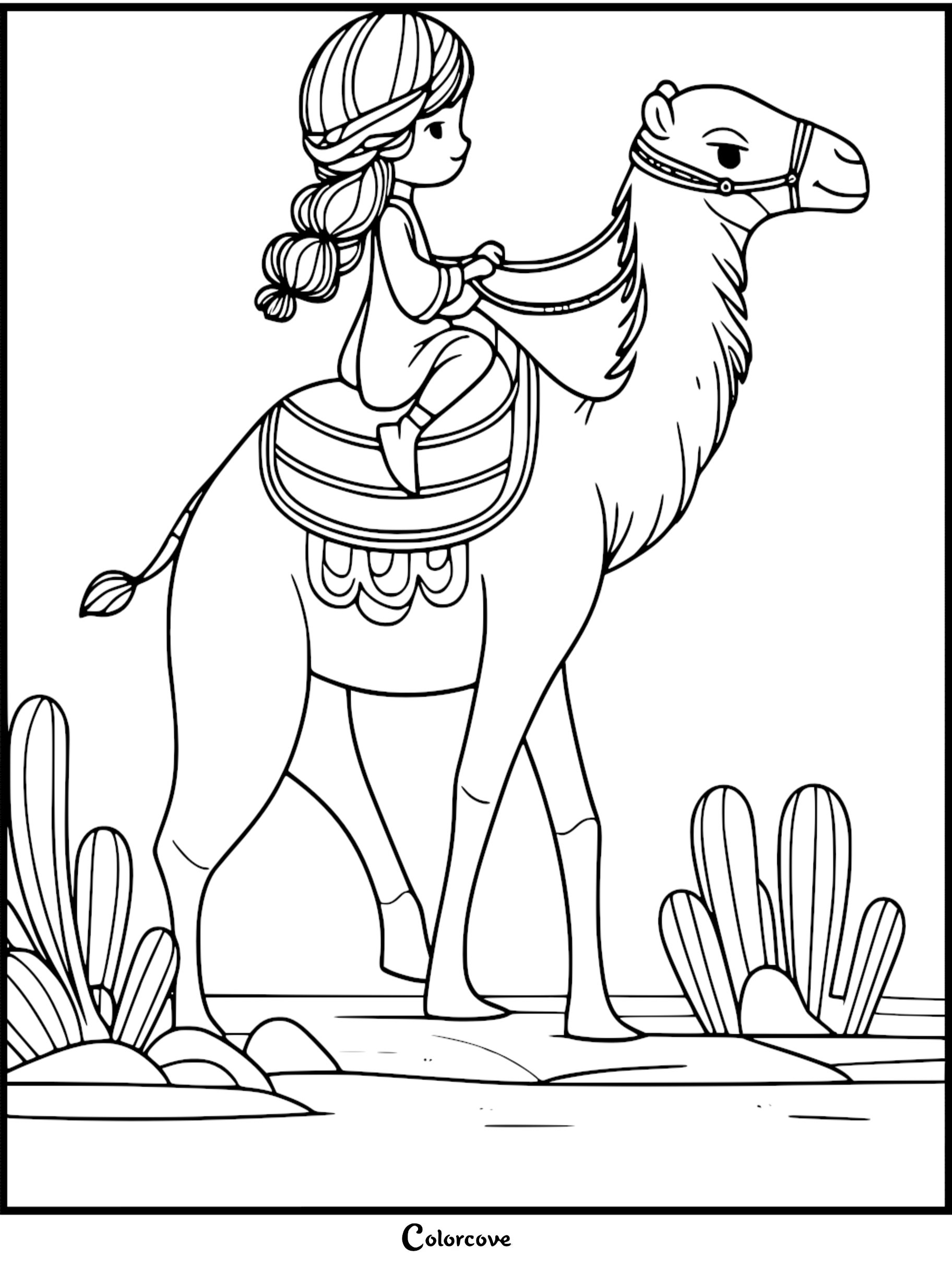 A printable coloring page for kids featuring a cute young girl with long hair riding a friendly camel through a desert landscape with cacti.