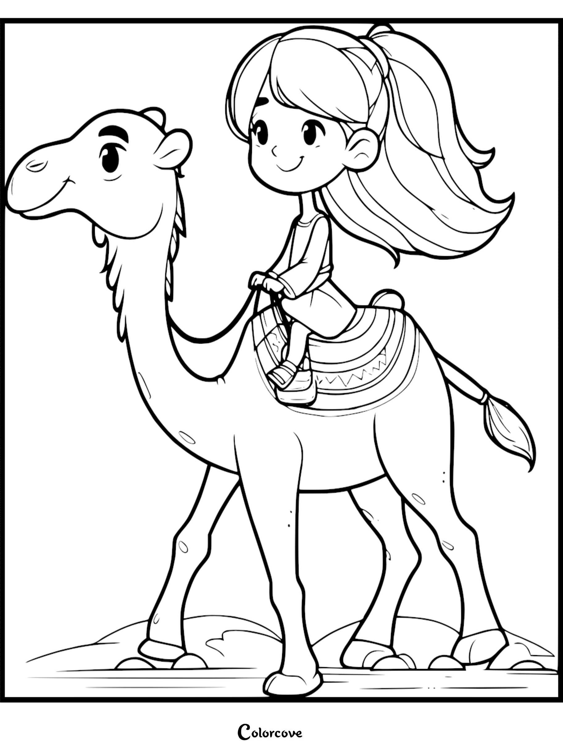 A cute cartoon girl with long hair riding a friendly camel in the desert coloring page for kids.