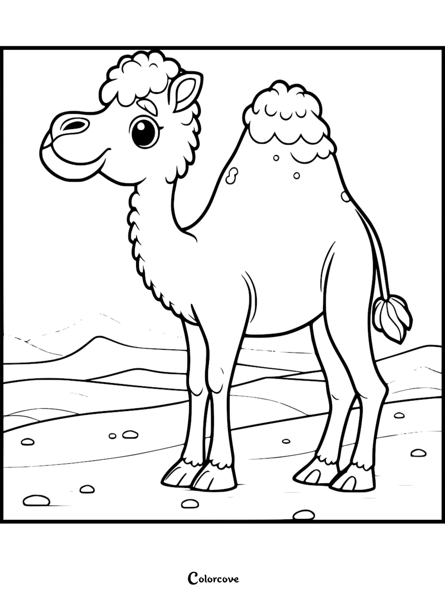 A cute cartoon camel coloring page for kids featuring a happy dromedary camel standing in a desert landscape with sand dunes.