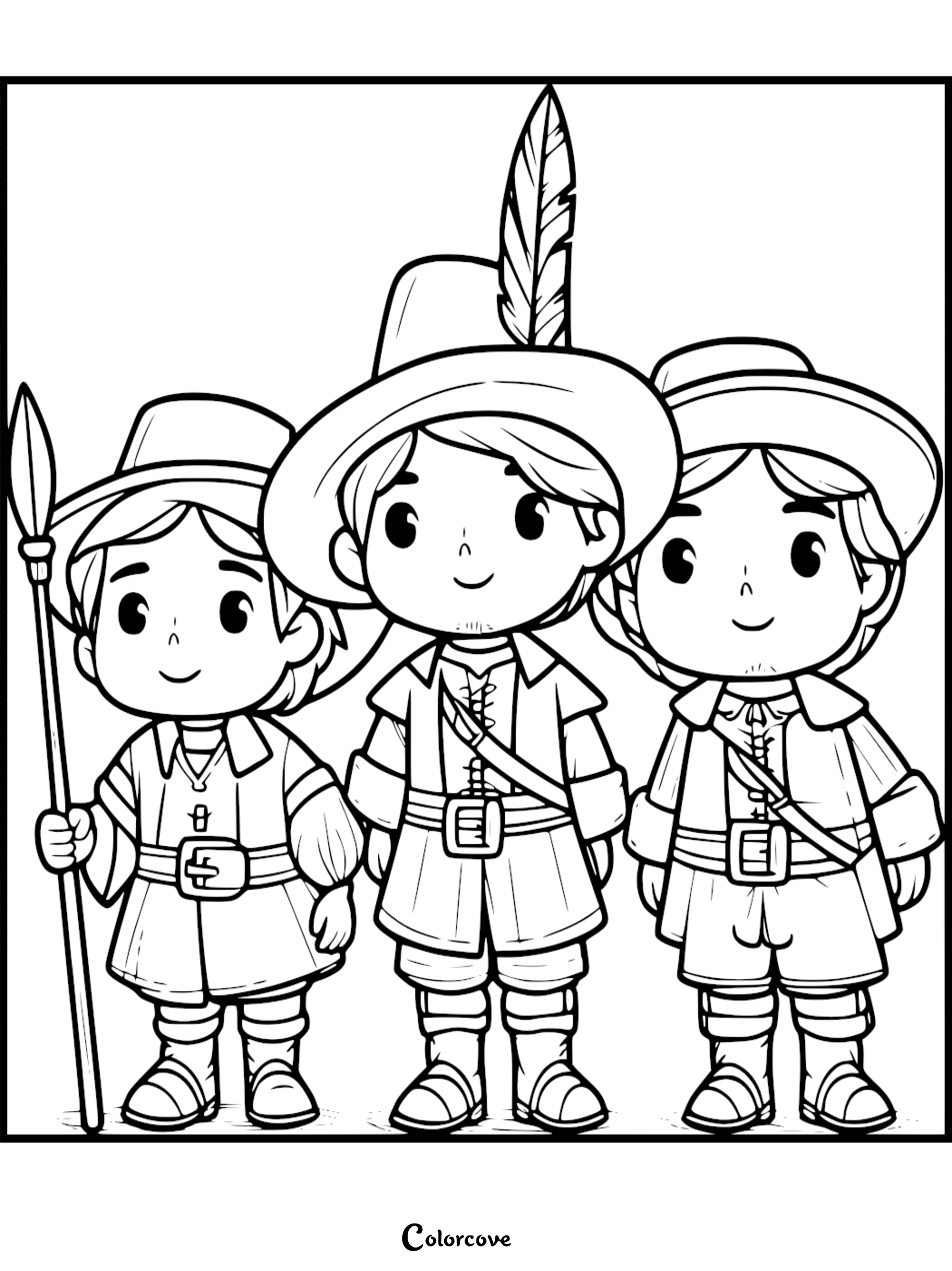 Coloring page featuring three cute cartoon Pilgrims dressed in traditional attire with hats, belts, and a spear.