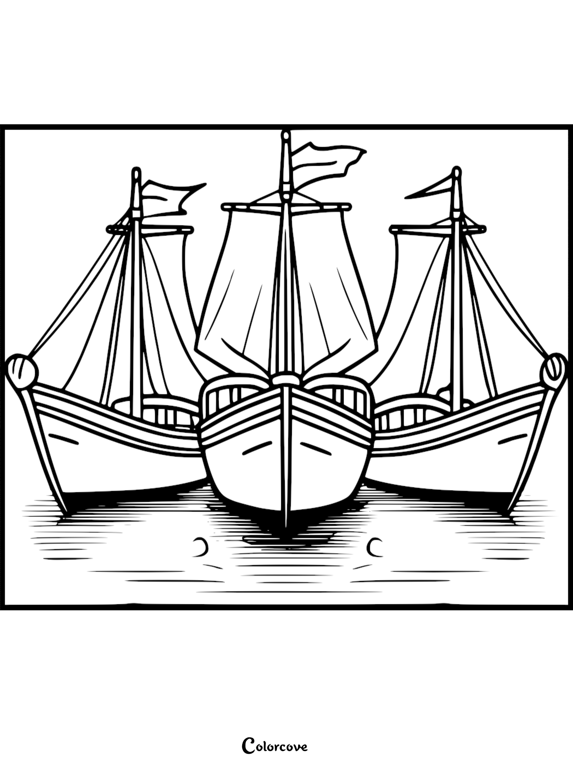 Coloring page of three sailing boats floating on water with sails and flags, ready to be colored. Image source: colorcove.org.