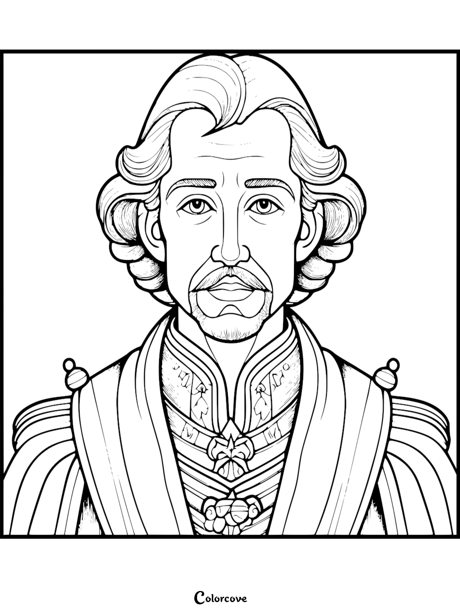 Line art of a regal man with curly hair in an ornate outfit, designed for coloring. Coloring page from colorcove.org.