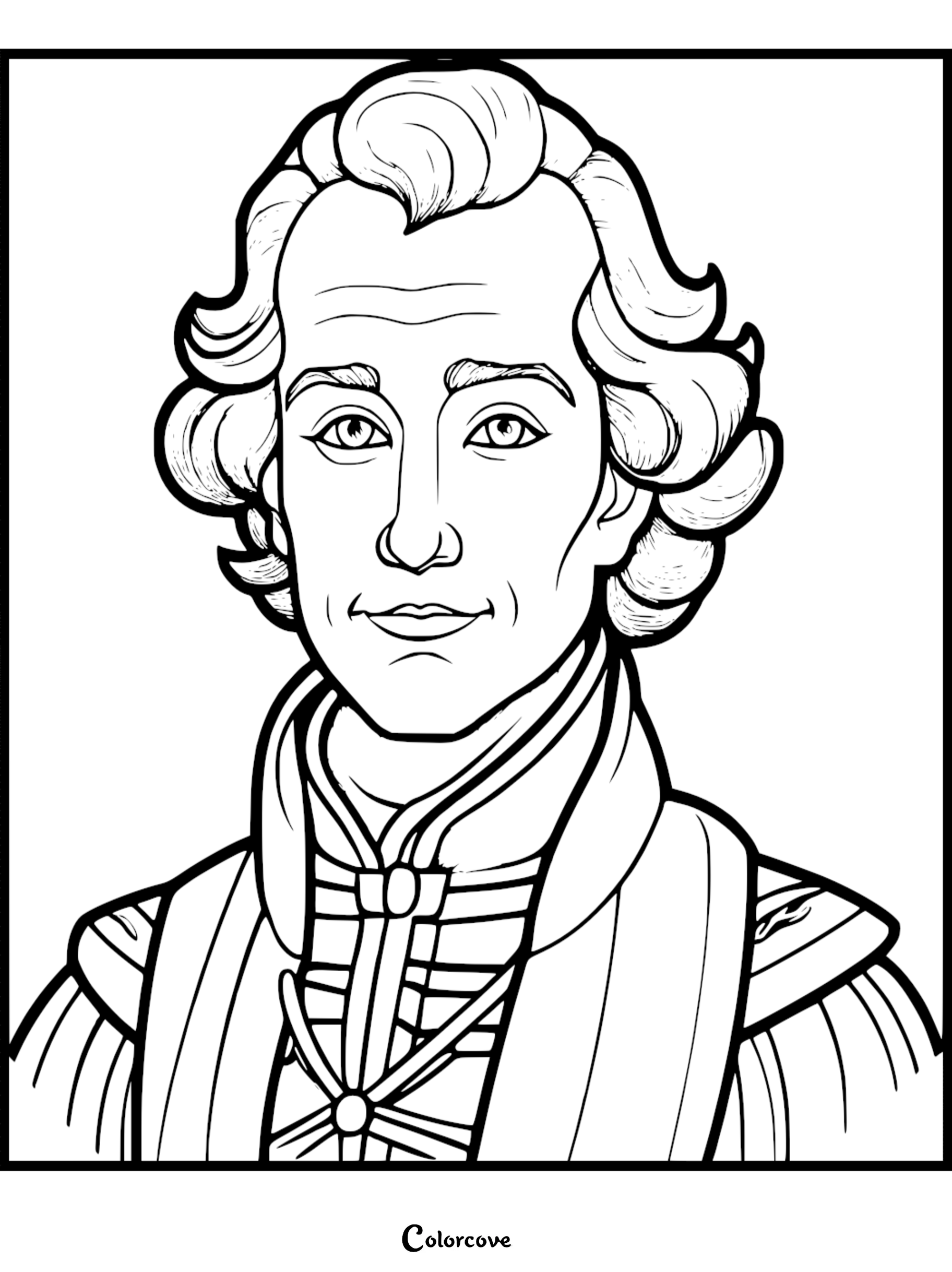 Historical figure coloring page featuring a detailed portrait of a man with wavy hair, wearing a patterned jacket.