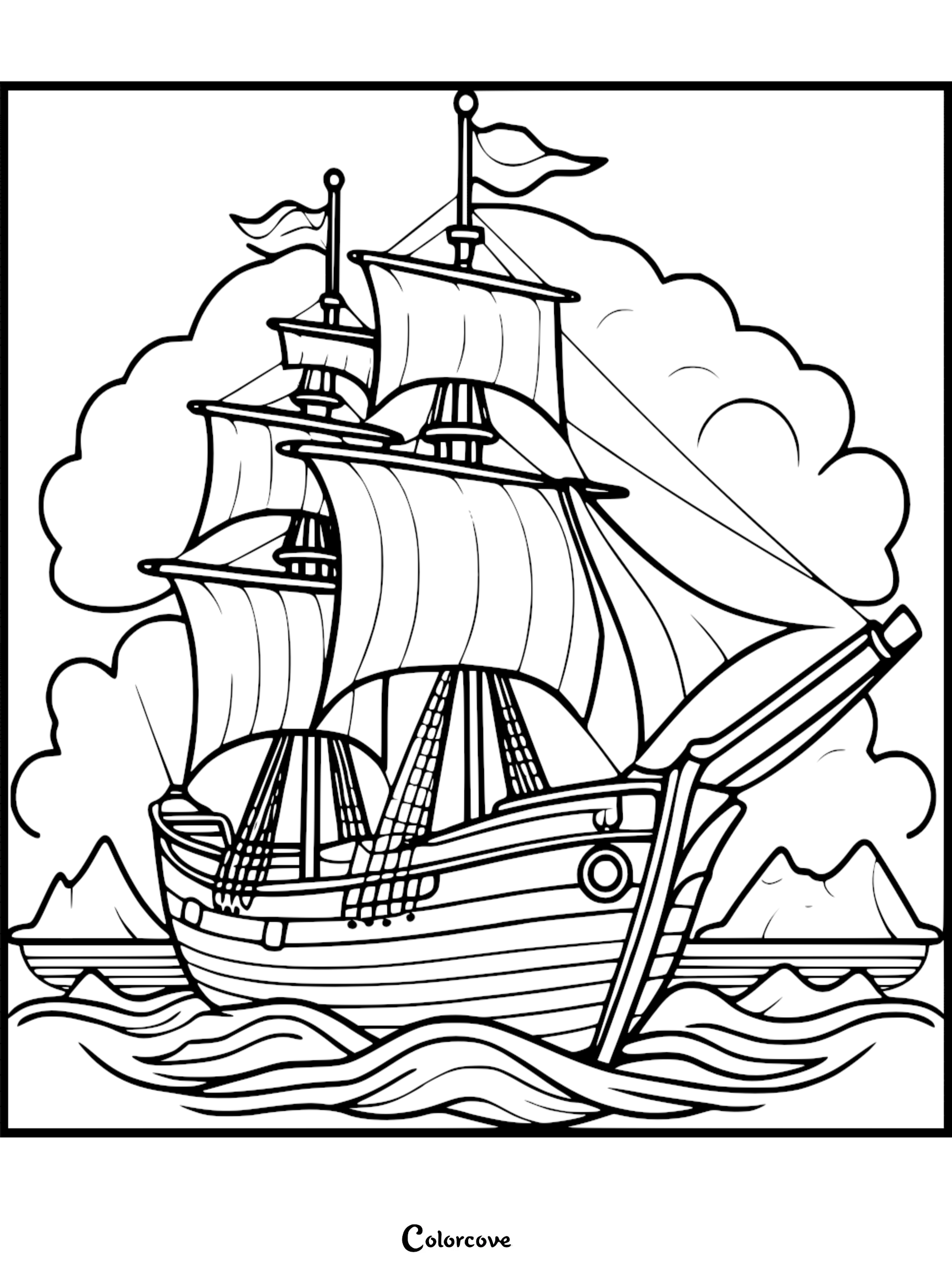 Coloring page of a sailing ship with billowing sails on ocean waves, mountains and clouds in the background from colorcove.org.