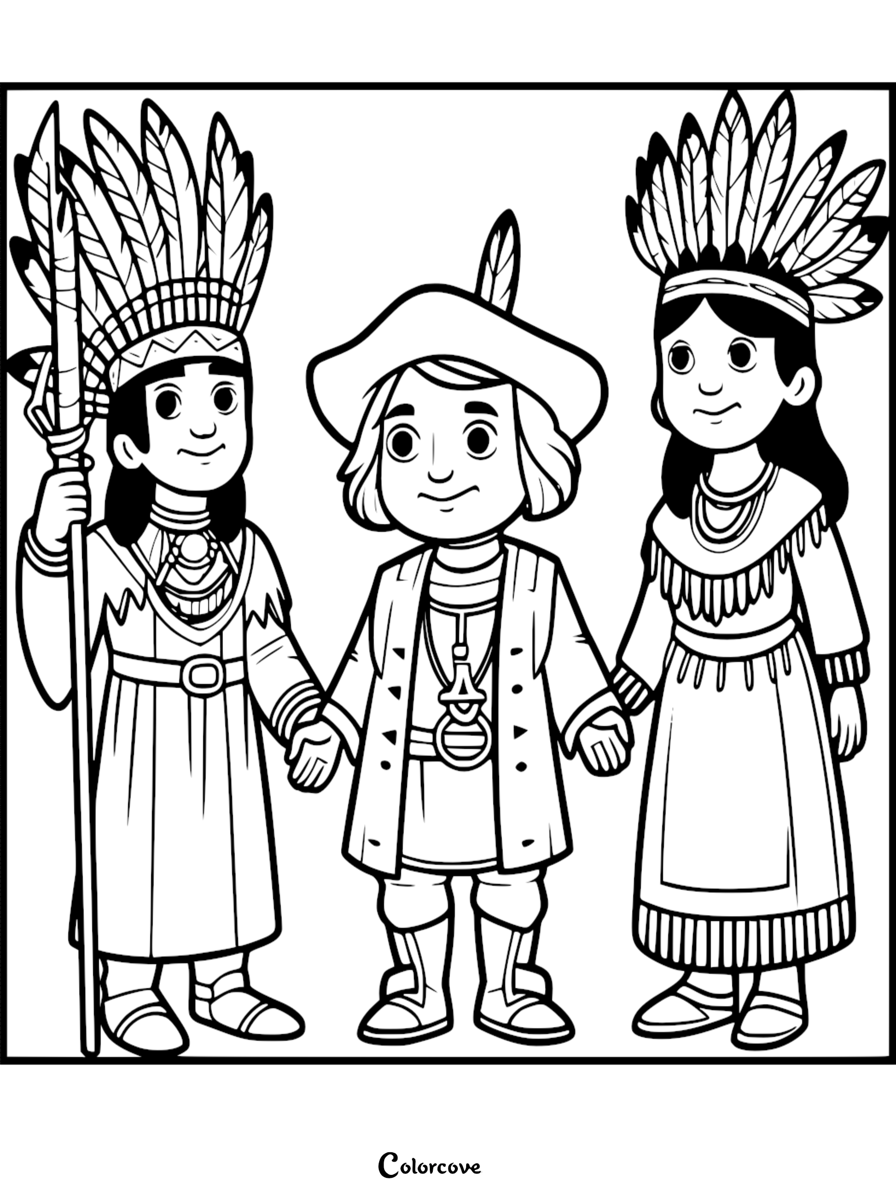 Thanksgiving coloring page with Native Americans and a Pilgrim holding hands. Download and color this festive picture.