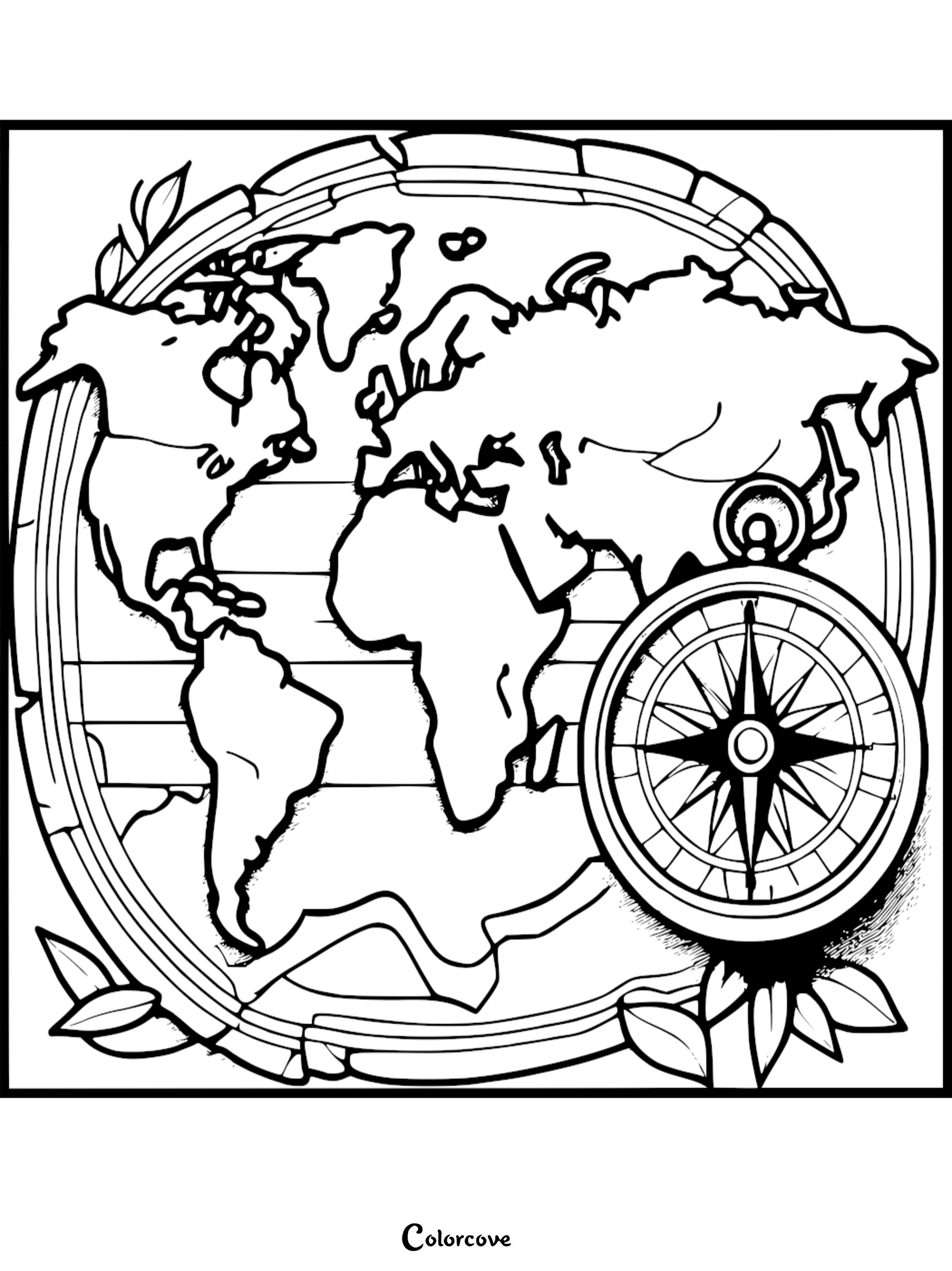 World map coloring page with a compass and leaves. Ideal for geography-themed coloring activities. Visit colorcove.org.