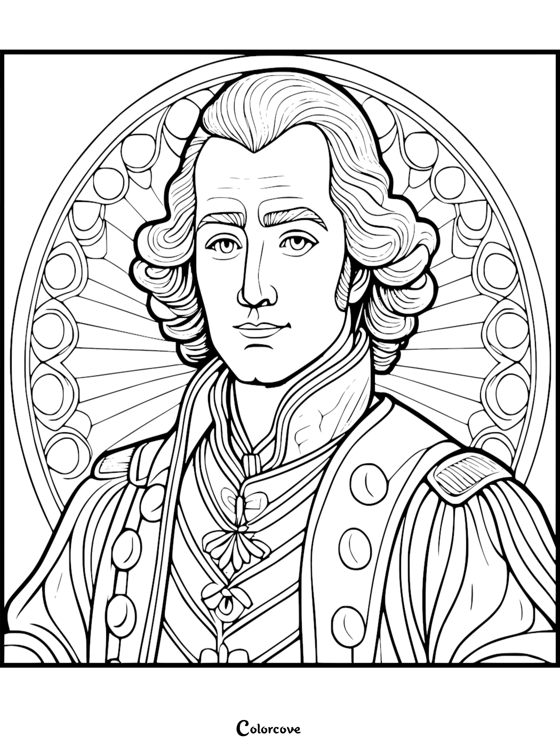 Illustration of a historic figure with intricate details, suitable for coloring. Download the coloring page at colorcove.org.