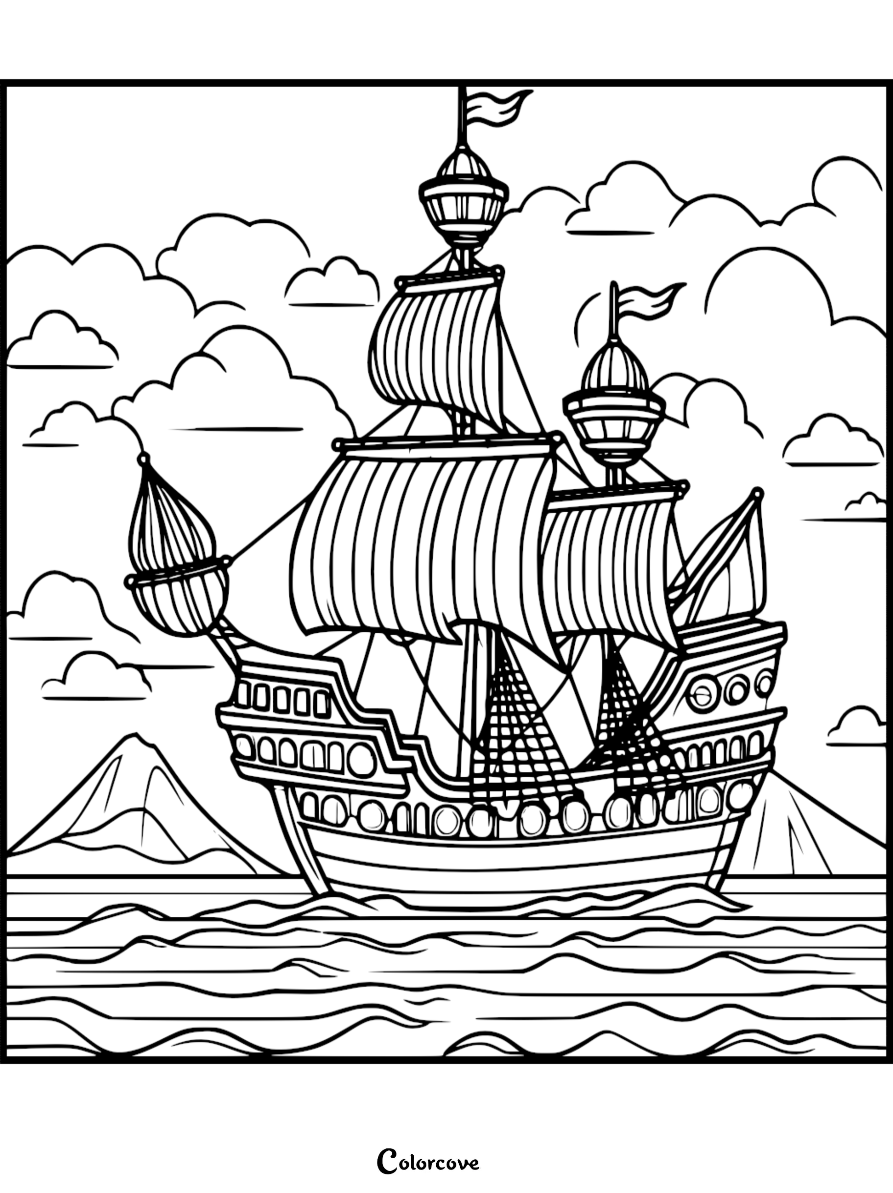 Coloring page of a sailing ship with billowing sails on the sea, mountains and clouds in the background.