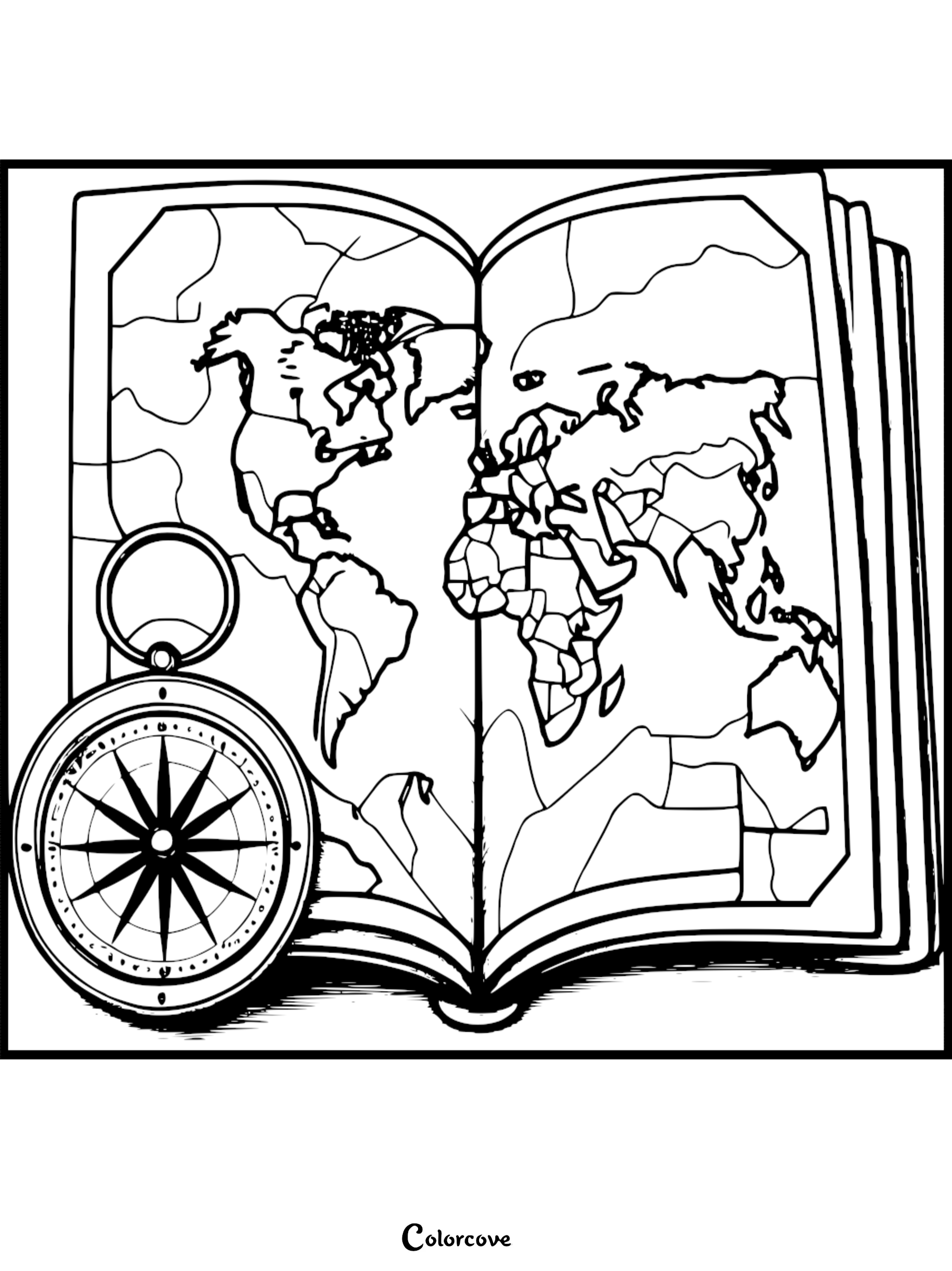 World map coloring page with an open book and compass, perfect for kids to learn geography.