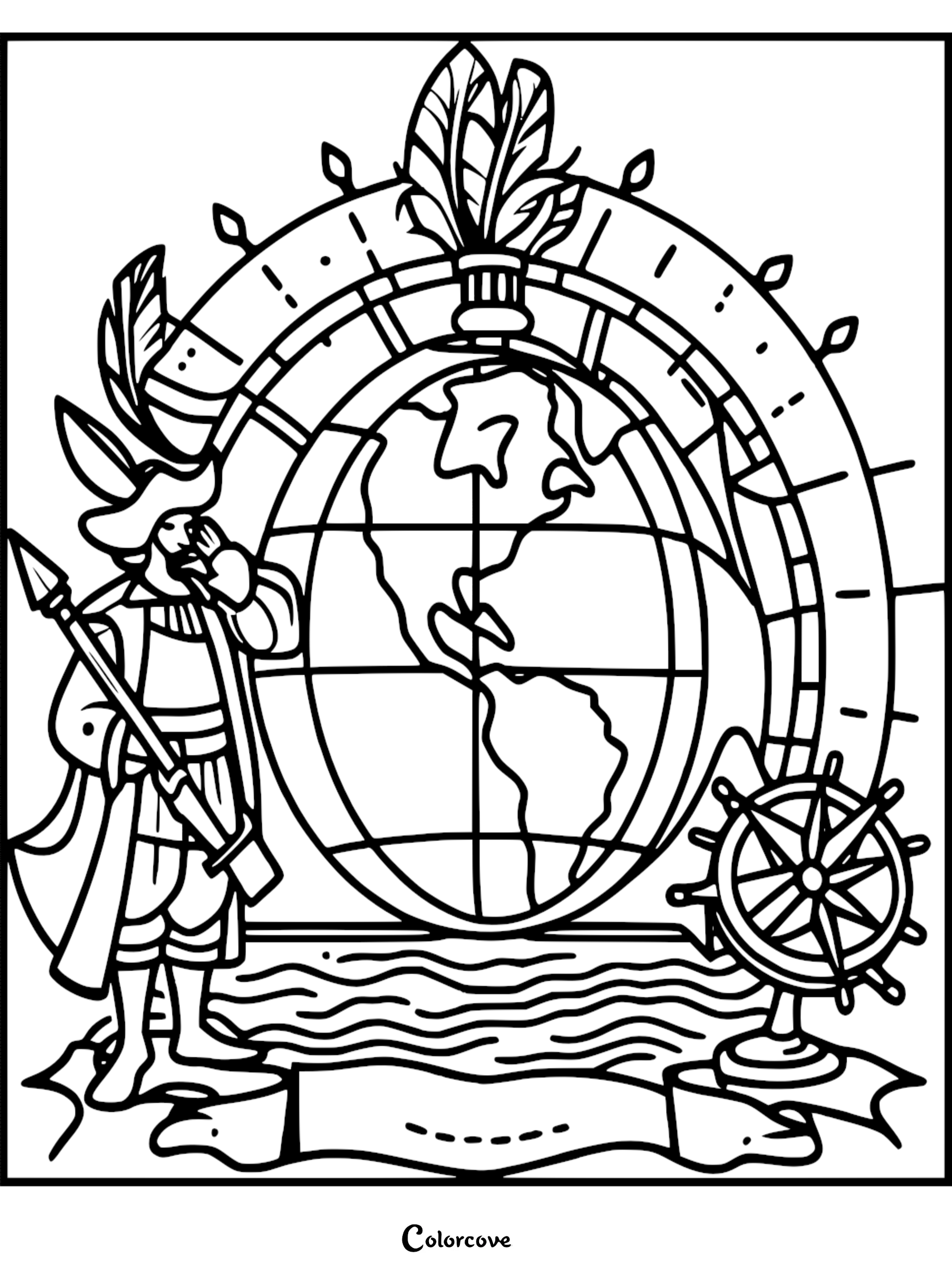 Coloring page of an explorer with a spear, a globe, compass, and scroll, ideal for geography and history education.