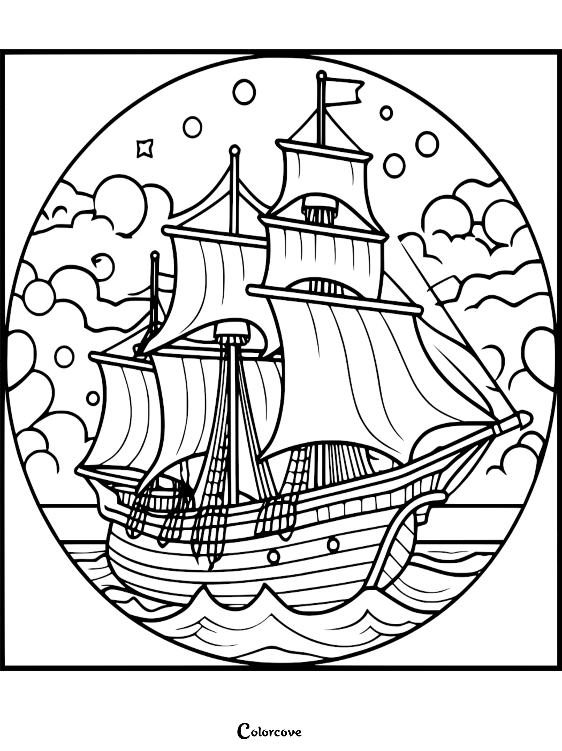 Printable coloring page of a sailing ship on the ocean with clouds and stars, perfect for kids and adults to color.