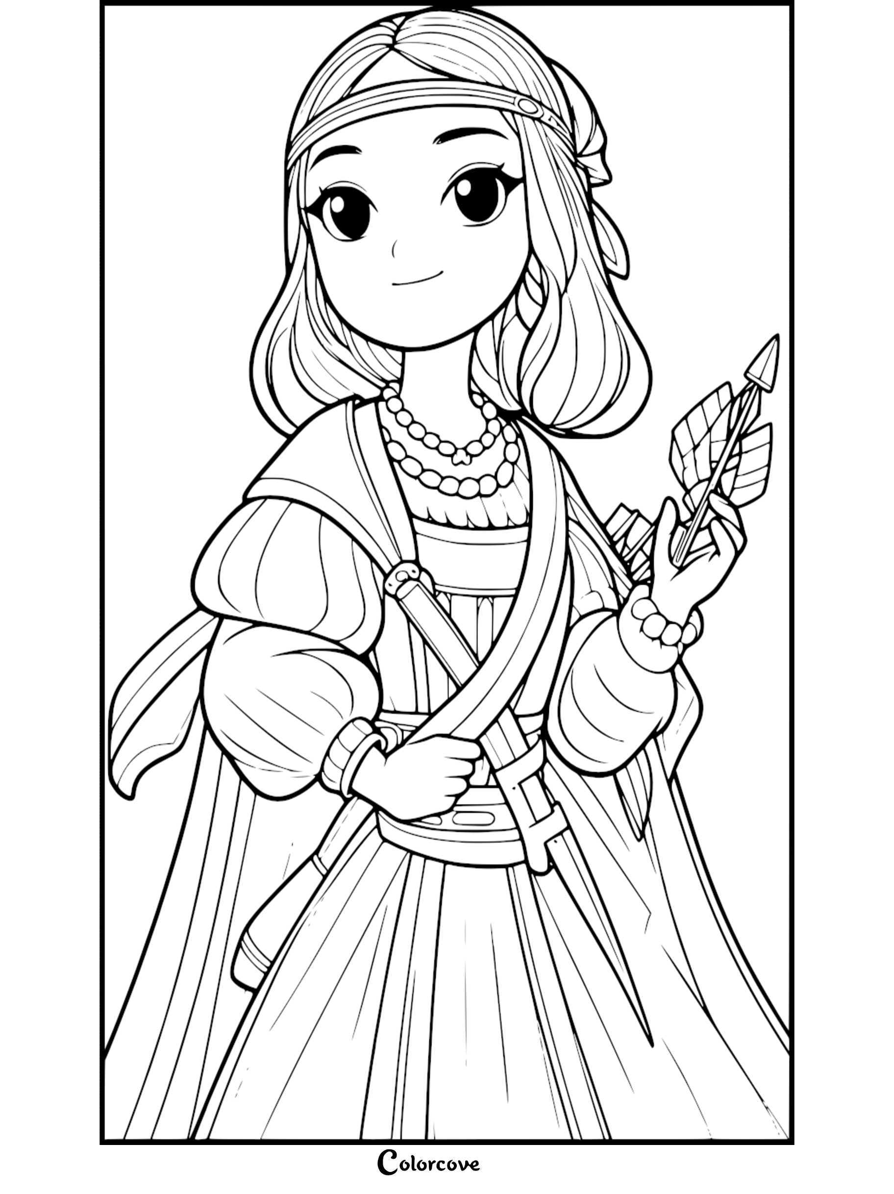 Coloring page featuring a girl in medieval clothing holding an arrow, smiling, with detailed accessories and ornate dress.