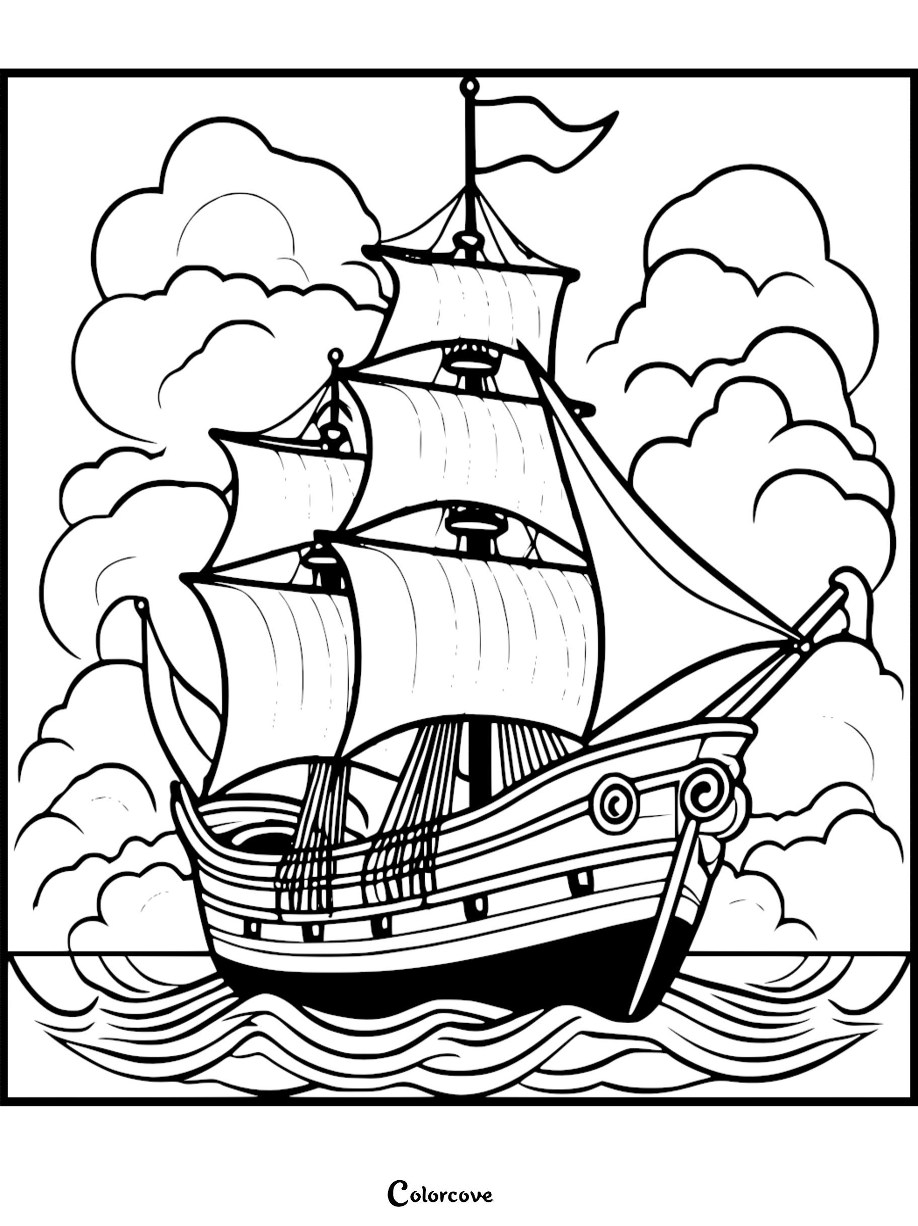 Coloring page of a sailing ship with three masts on the ocean surrounded by clouds. Visit colorcove.org for more.
