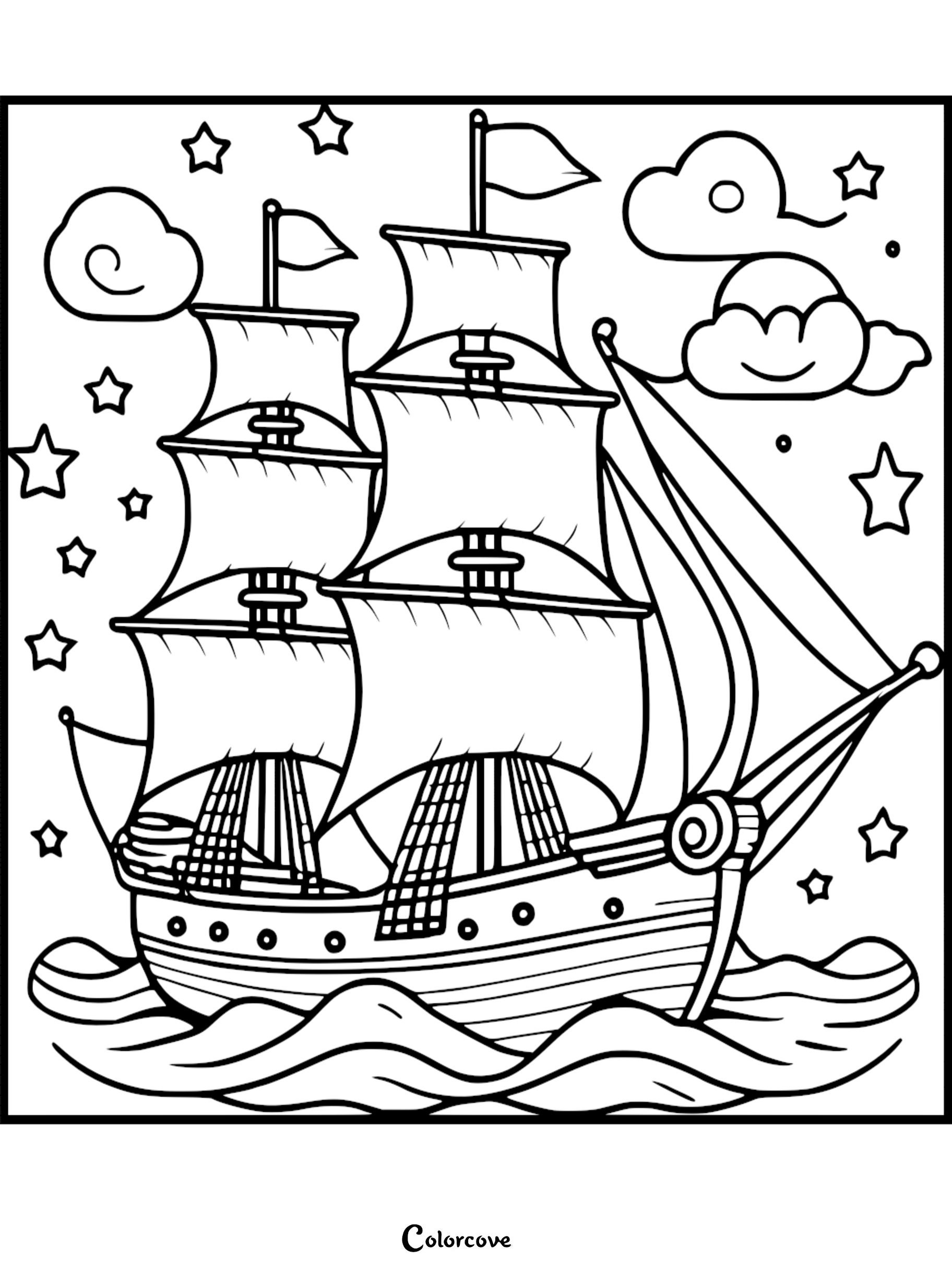 Children's pirate ship coloring page with detailed sails and ocean waves, stars, and clouds in the background - colorcove.org.