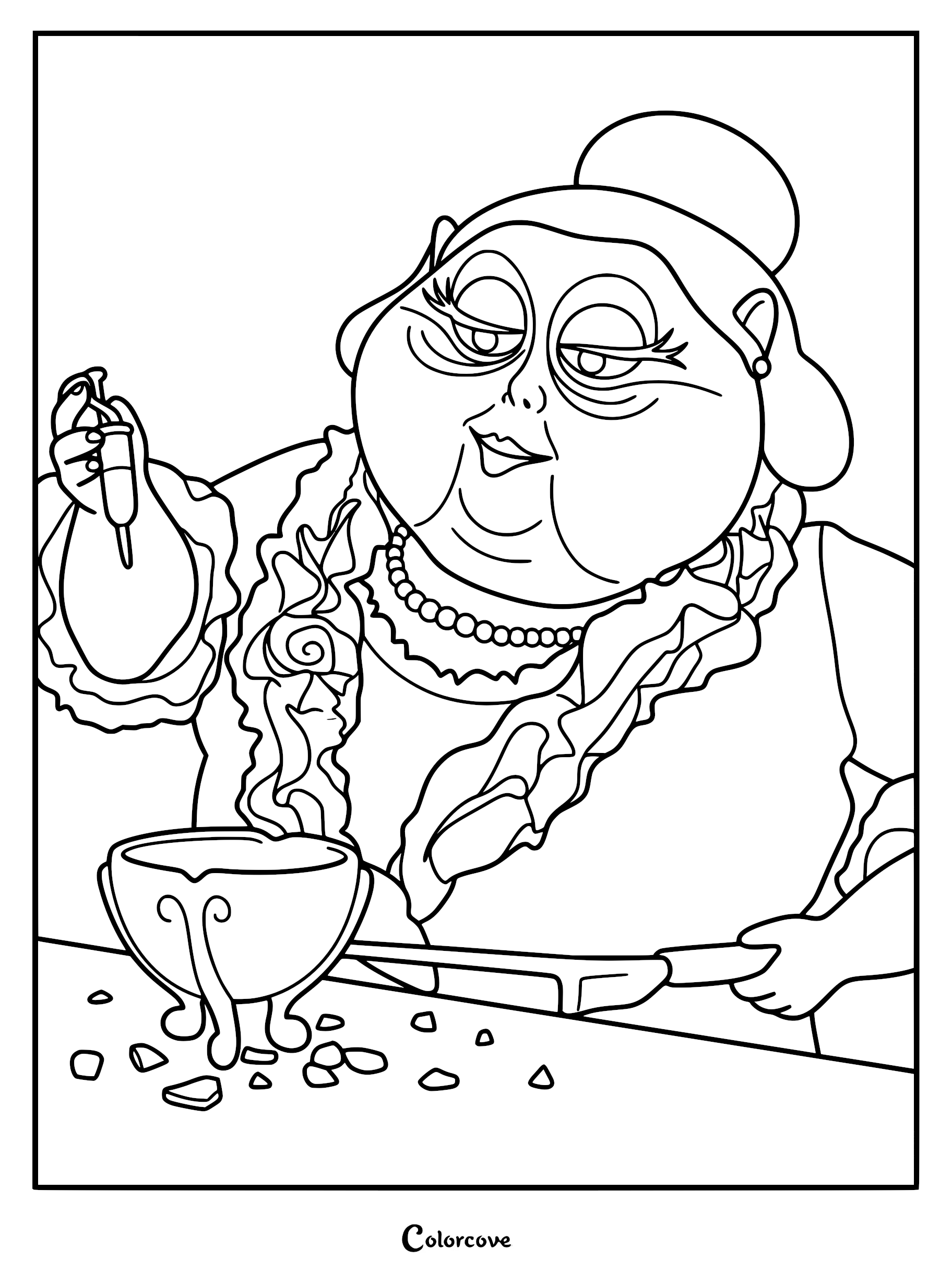 Mrs. Spink from Coraline reading tea leaves in a ornate cup, line art coloring page.