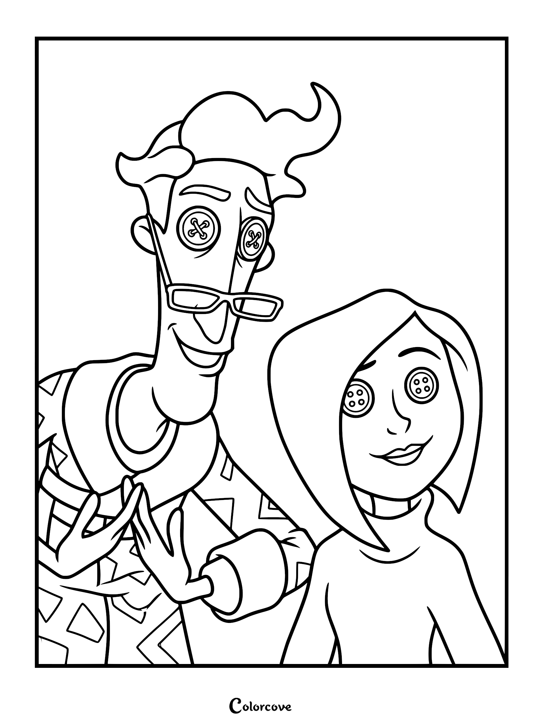 A detailed coloring page featuring the Other Father with glasses and the Other Mother with her signature bob hairstyle, both depicted with button eyes.