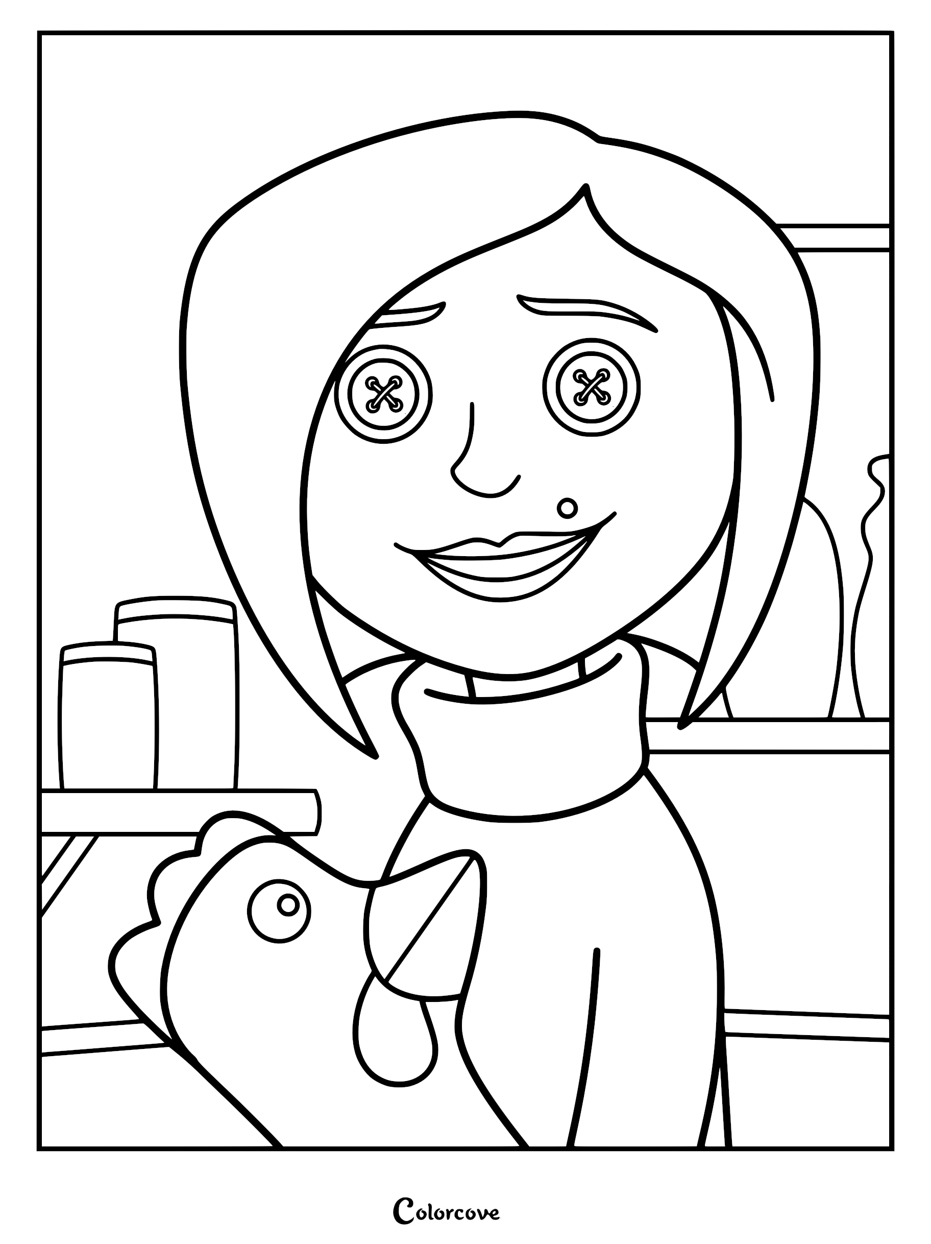 A detailed coloring page of the Other Mother from Coraline, featuring her signature button eyes, beauty mark, and turtleneck sweater, while holding a chicken hand puppet in a kitchen setting.