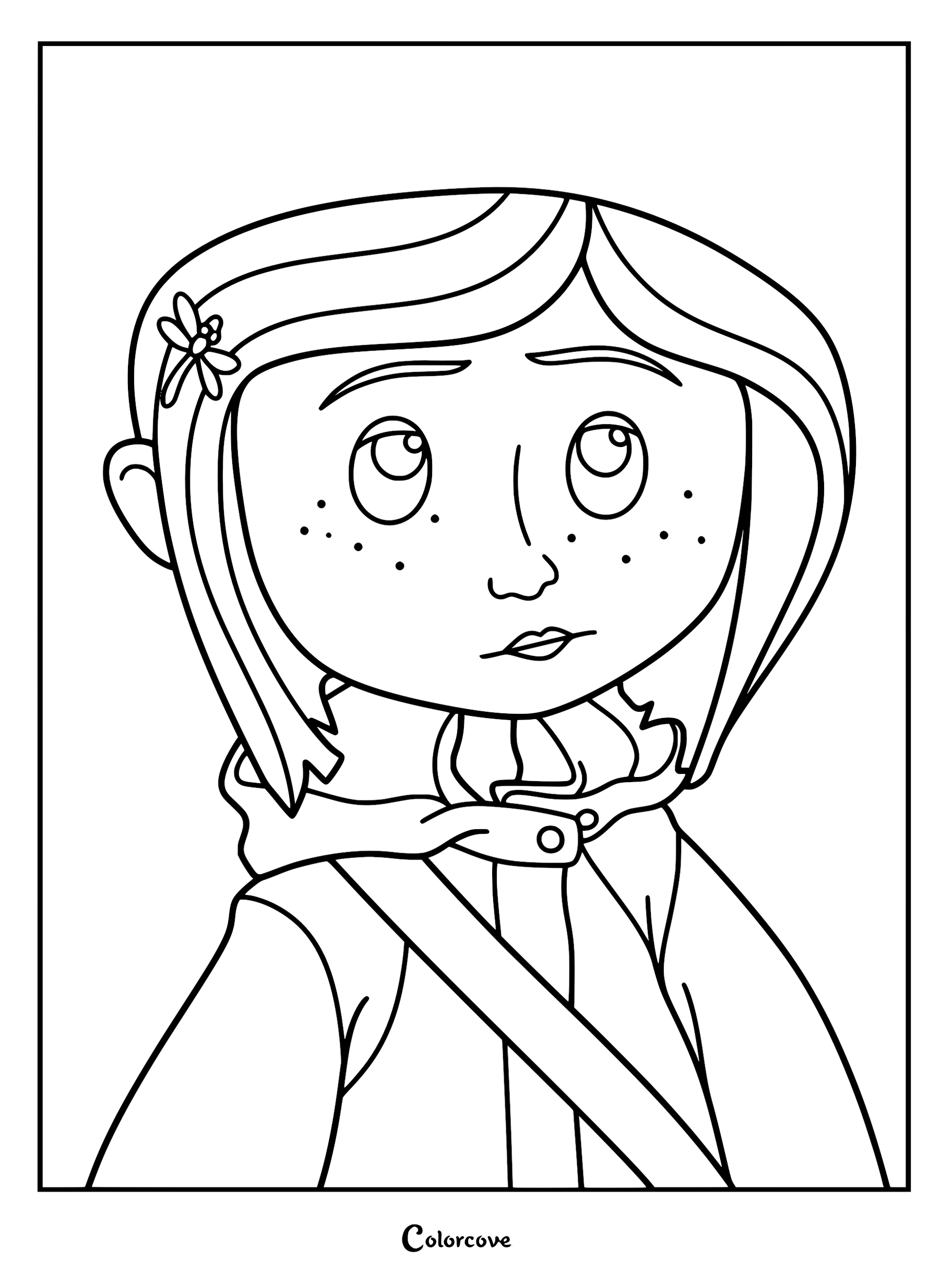 Close-up line art coloring page of Coraline Jones wearing her iconic yellow raincoat and a small dragonfly hair clip.
