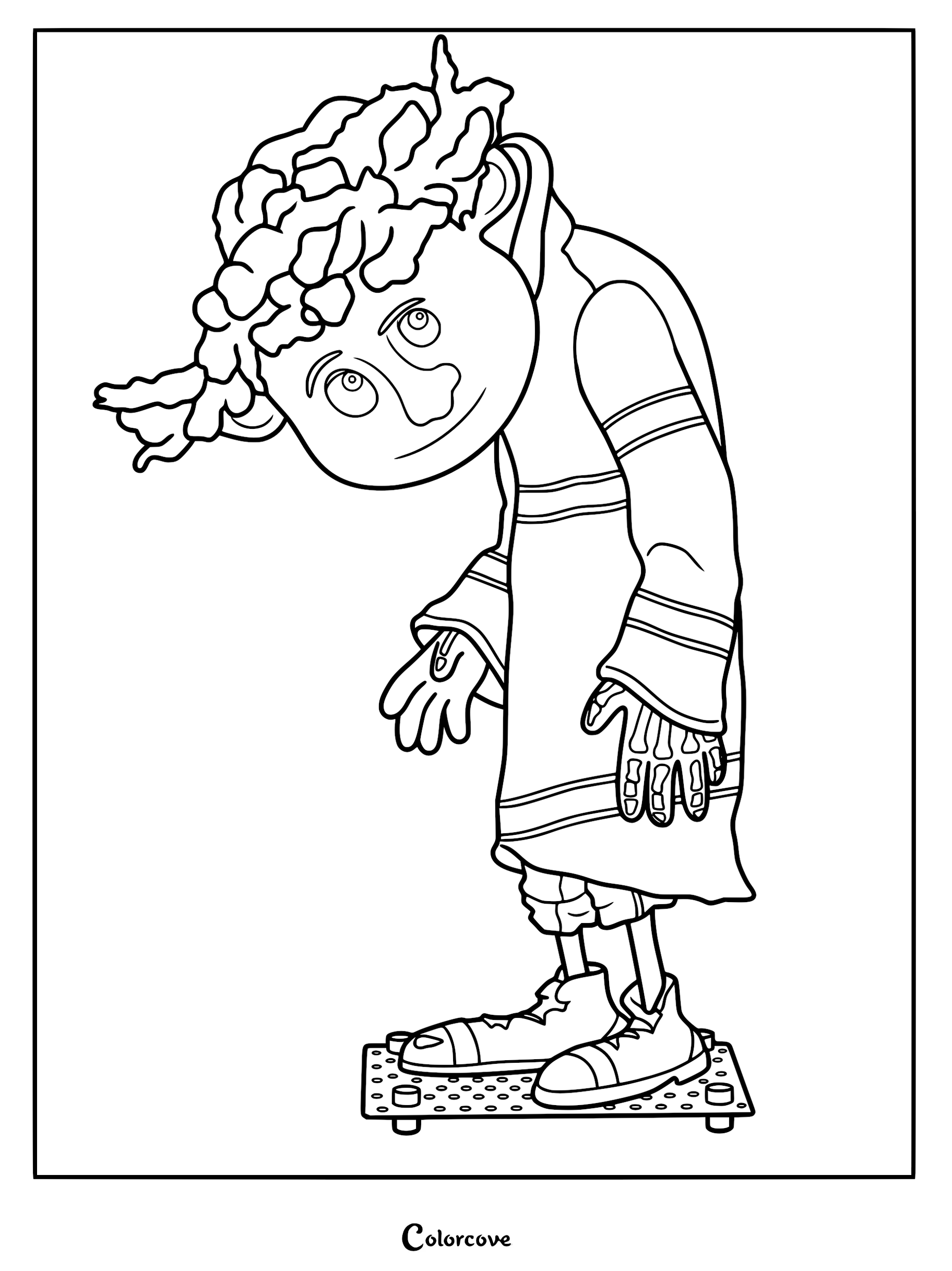 A detailed coloring page of Wybie Lovat from Coraline standing on a small platform with his signature curly hair and oversized shirt.