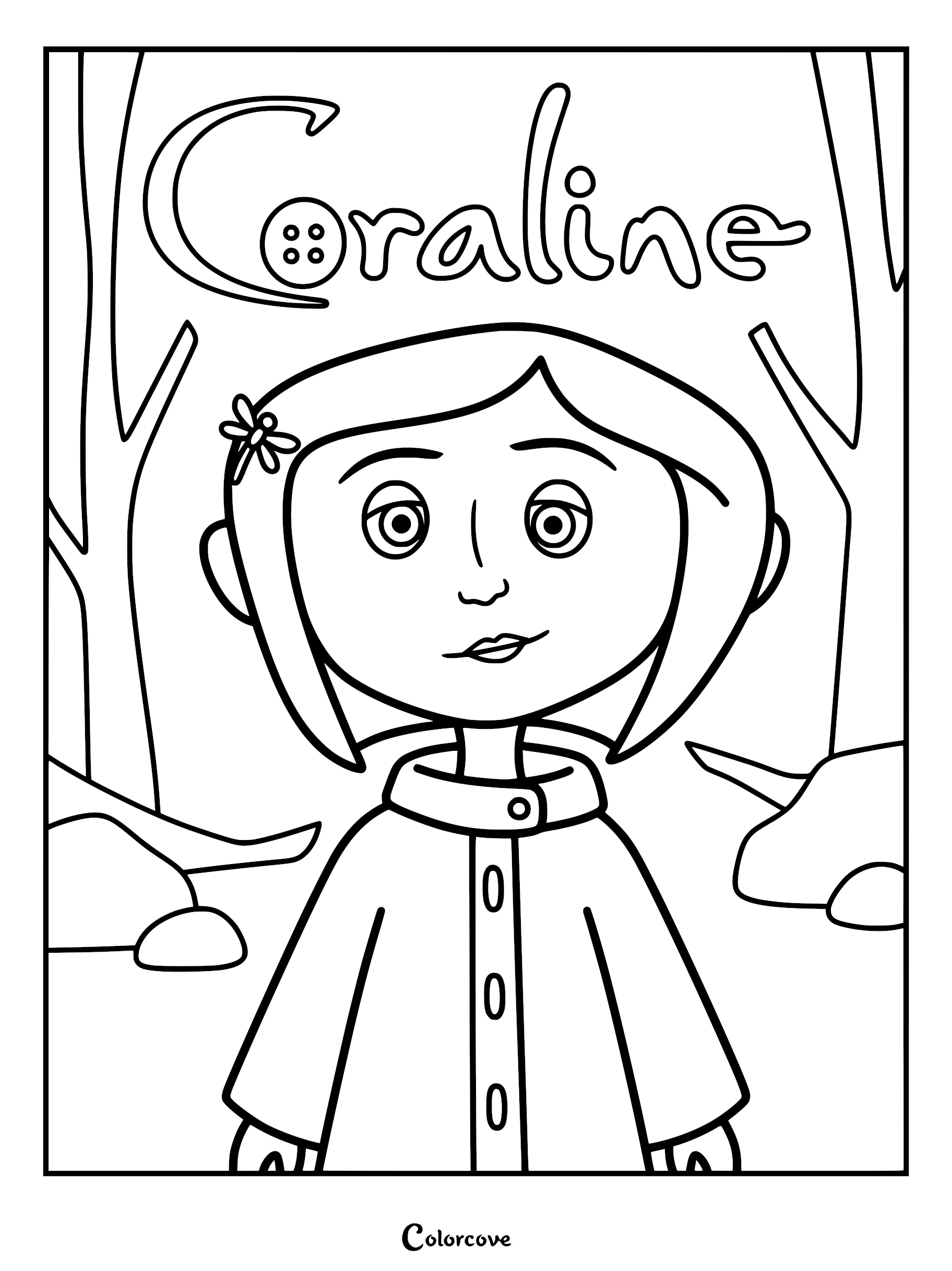 Coraline Jones wearing her yellow raincoat and hair clip, featured as a line art coloring page with a title header and stylized forest trees in the background.
