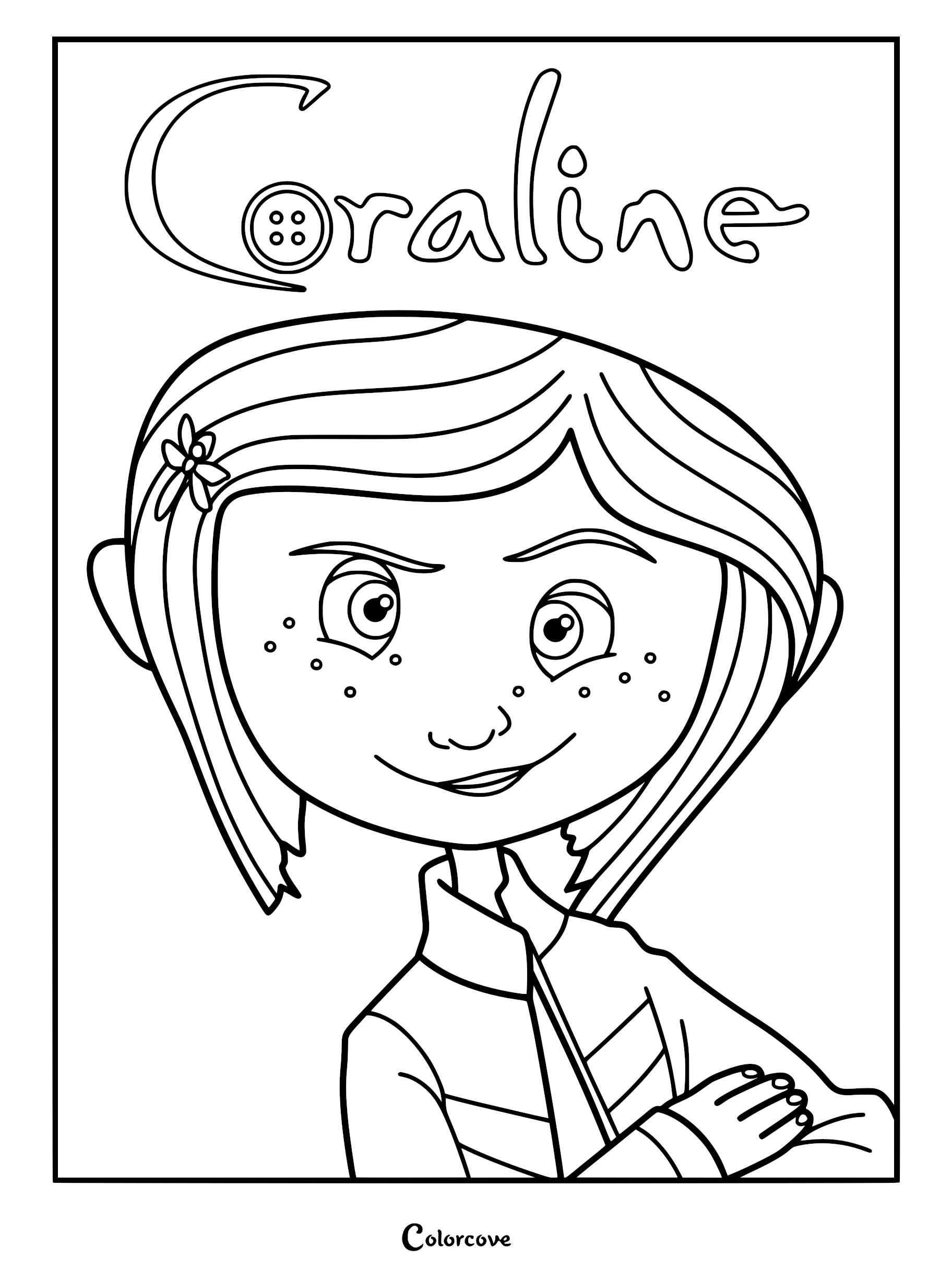 A printable Coraline Jones coloring page featuring a close-up portrait of Coraline with her signature bob hair, dragonfly hair clip, and button-themed typography.