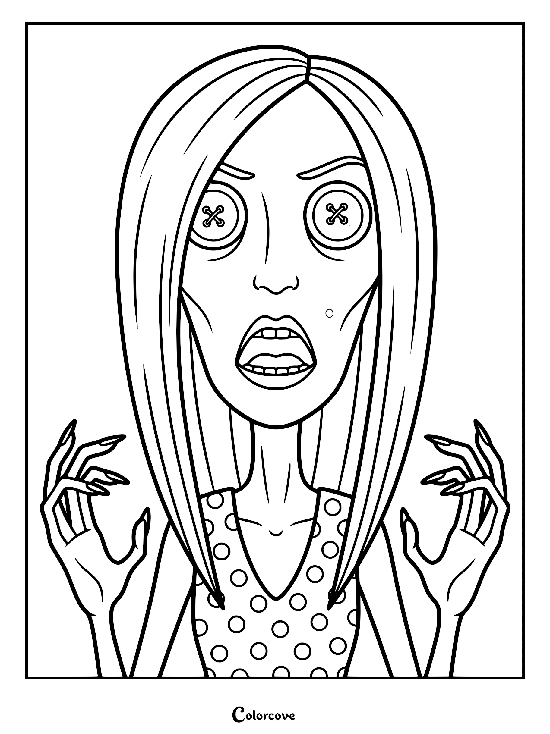 The Beldam with button eyes and long claws in a detailed coloring page, wearing a polka dot dress.