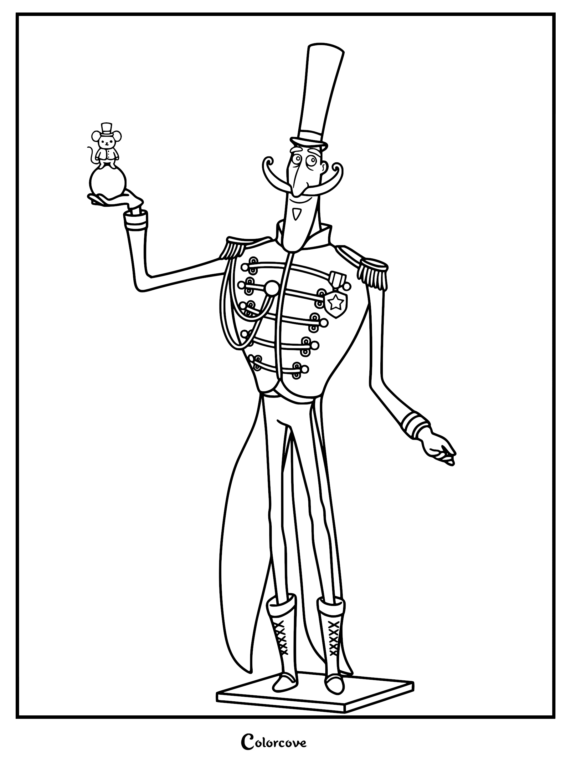 Mr. Bobinsky from Coraline wearing a top hat and circus uniform, balancing a tiny jumping mouse on his hand, line art coloring page.
